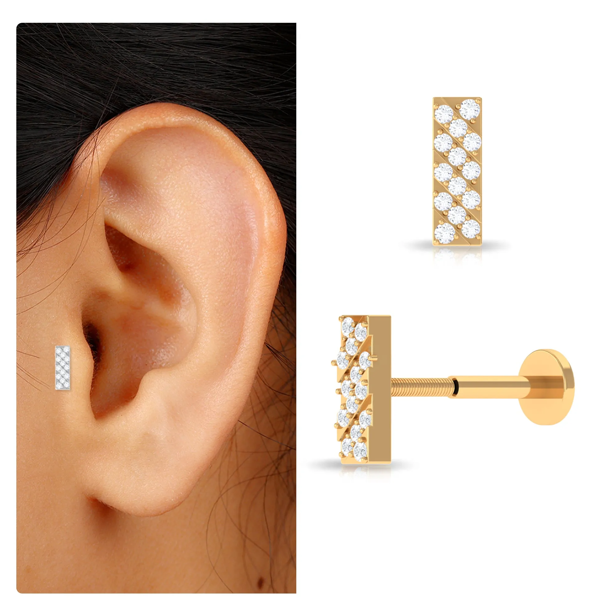 Genuine Diamond Gold Bar Earring for Tragus Piercing