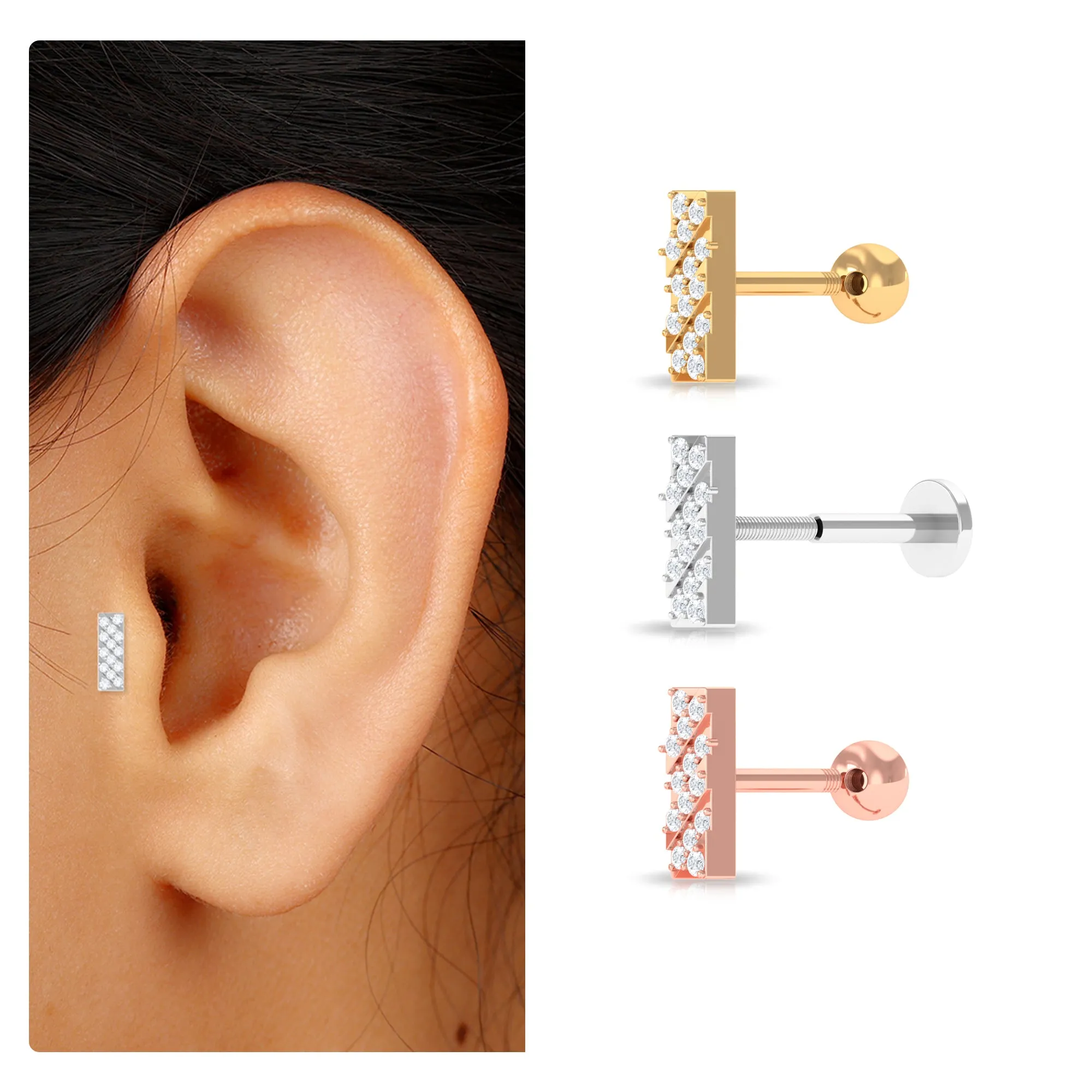 Genuine Diamond Gold Bar Earring for Tragus Piercing