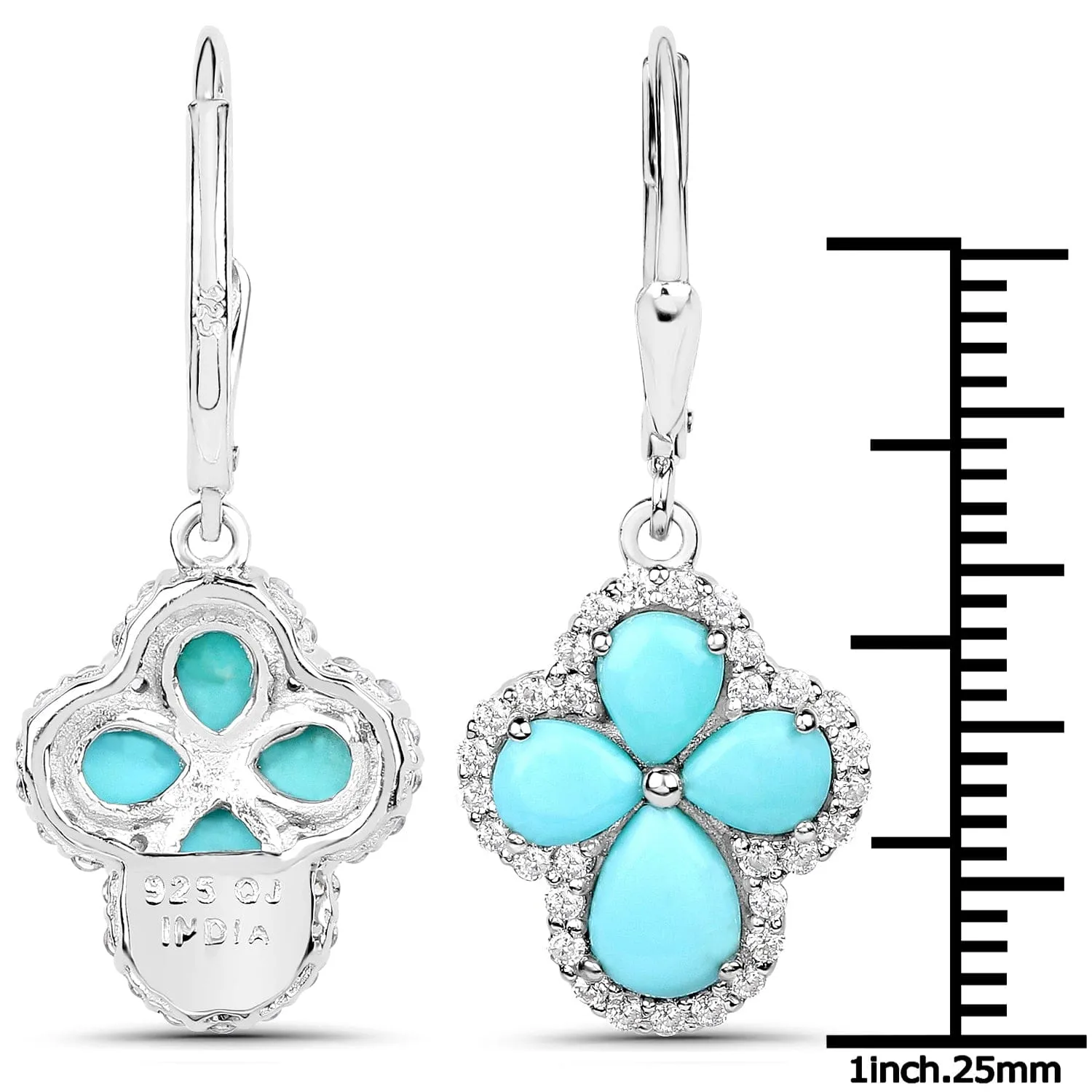 Genuine Tuquoise Cross Earrings with Zircon 925 Sterling Silver