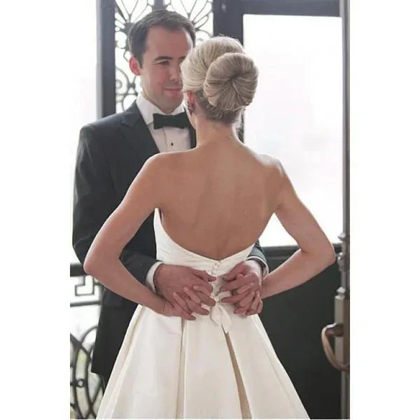 Glamorous Satin Strapless Neckline A-line Wedding Dresses Off Shoulder Simple Solid Color