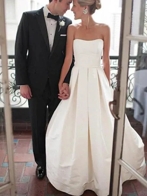 Glamorous Satin Strapless Neckline A-line Wedding Dresses Off Shoulder Simple Solid Color