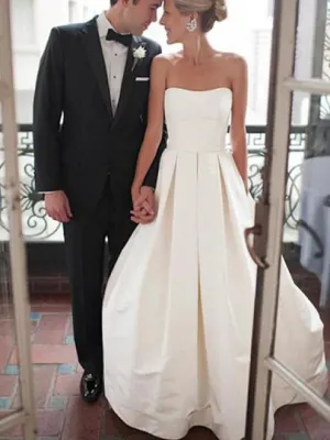 Glamorous Satin Strapless Neckline A-line Wedding Dresses Off Shoulder Simple Solid Color