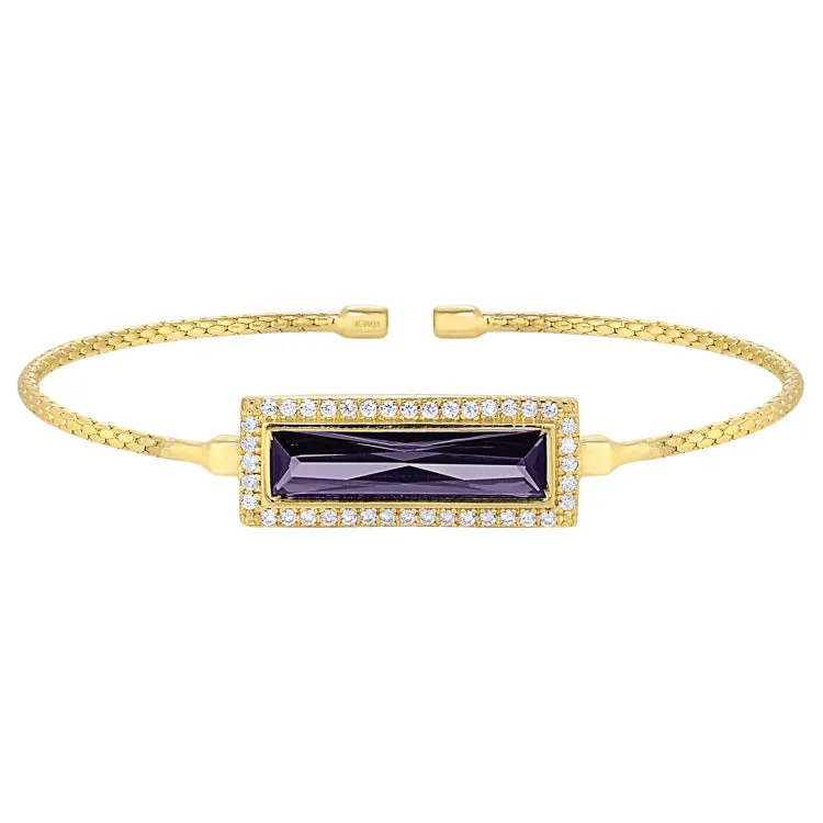 Gold Finish Sterling Silver Cable Cuff Bracelet with Rectangular Simulated Amethyst Stone and Simulated Diamonds