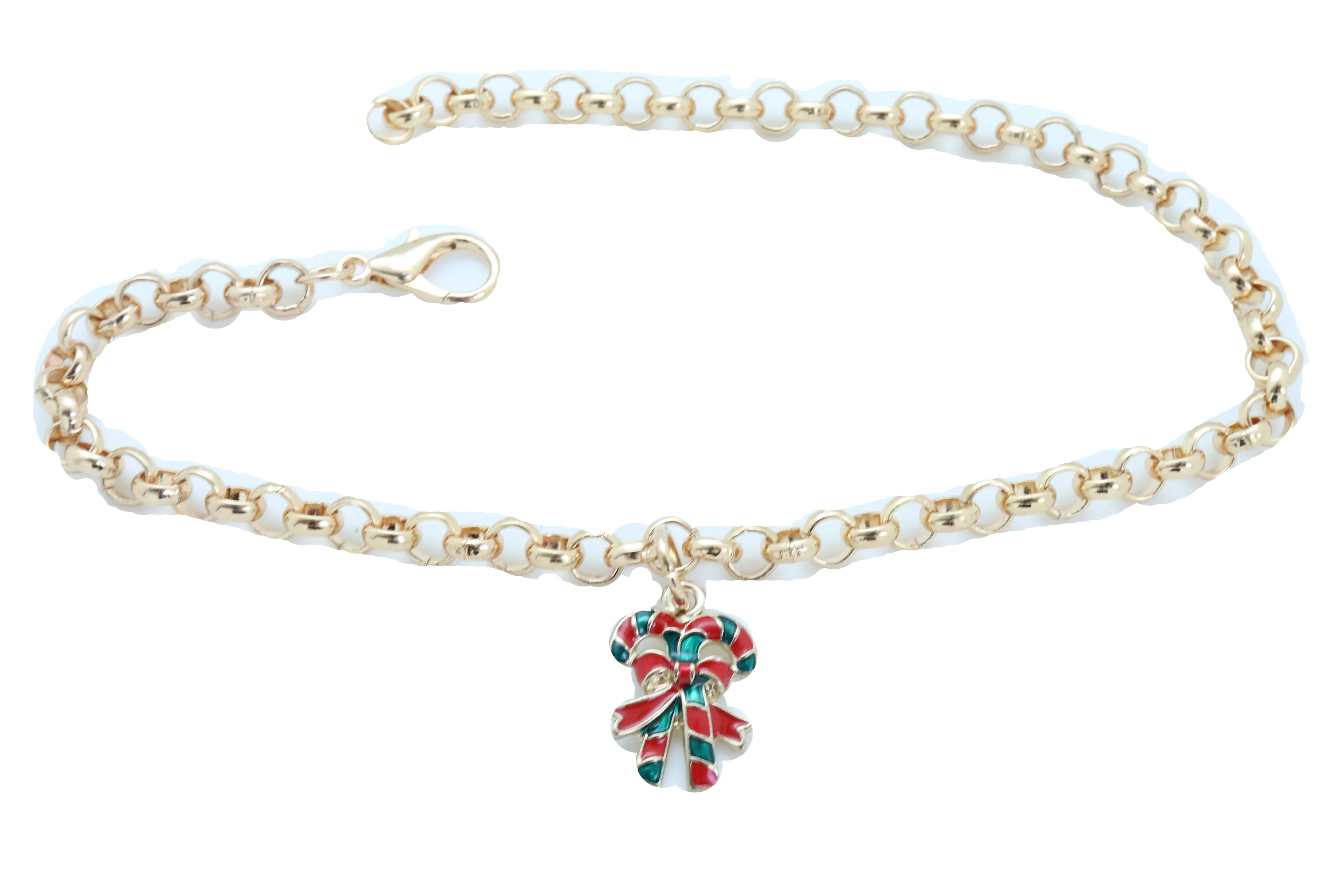 Gold Metal Boot Chain Bracelet Christmas Shoe Candy Cane Charm Jewelry