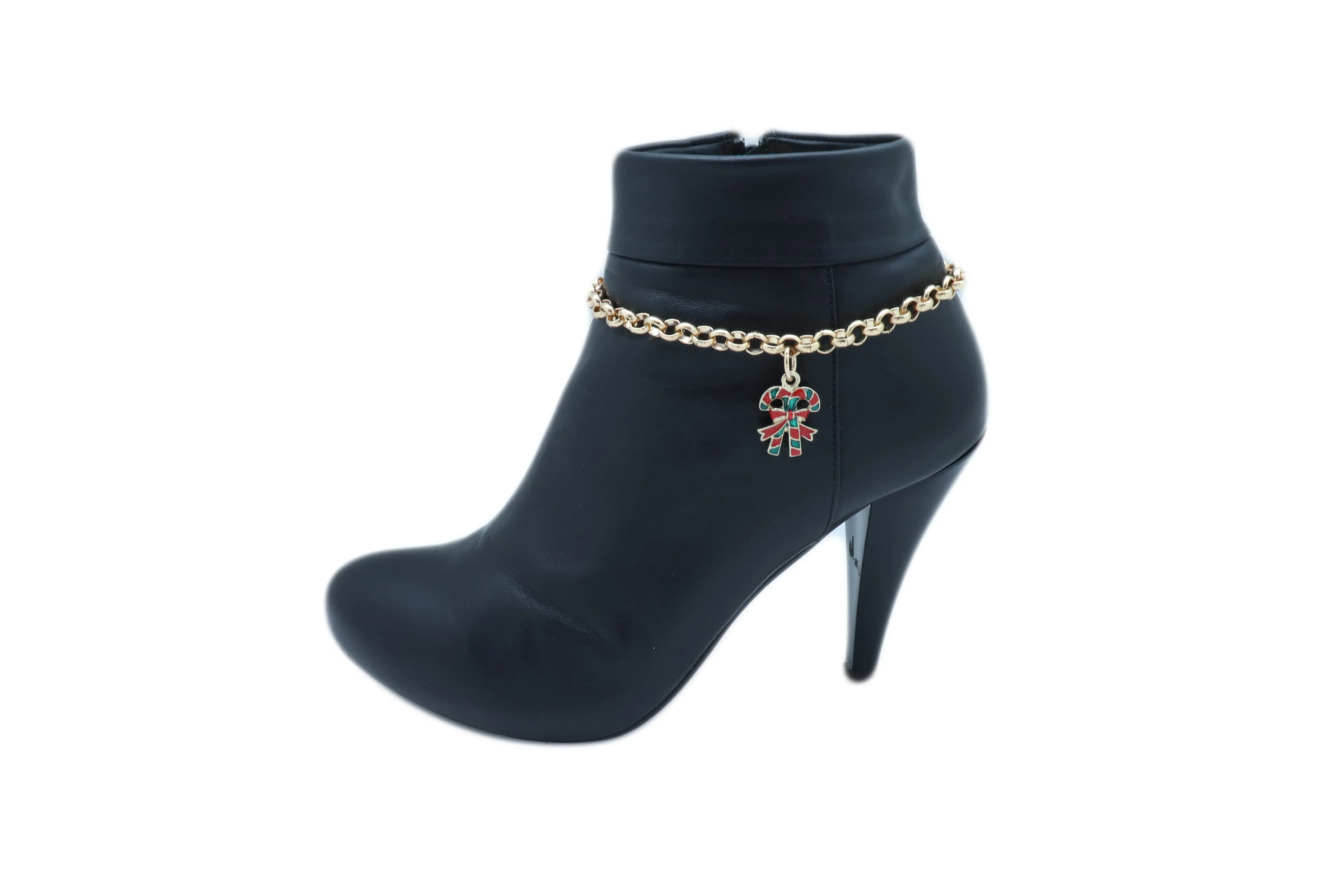 Gold Metal Boot Chain Bracelet Christmas Shoe Candy Cane Charm Jewelry