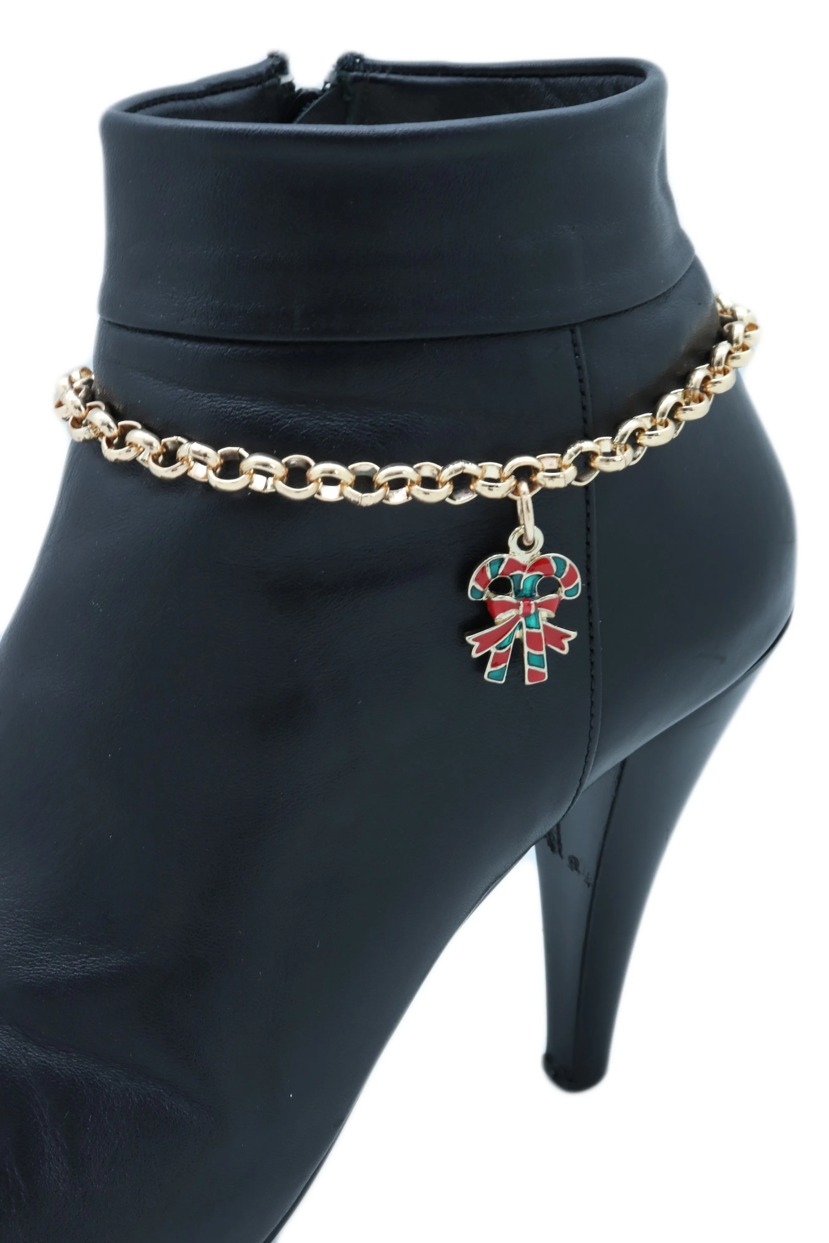 Gold Metal Boot Chain Bracelet Christmas Shoe Candy Cane Charm Jewelry