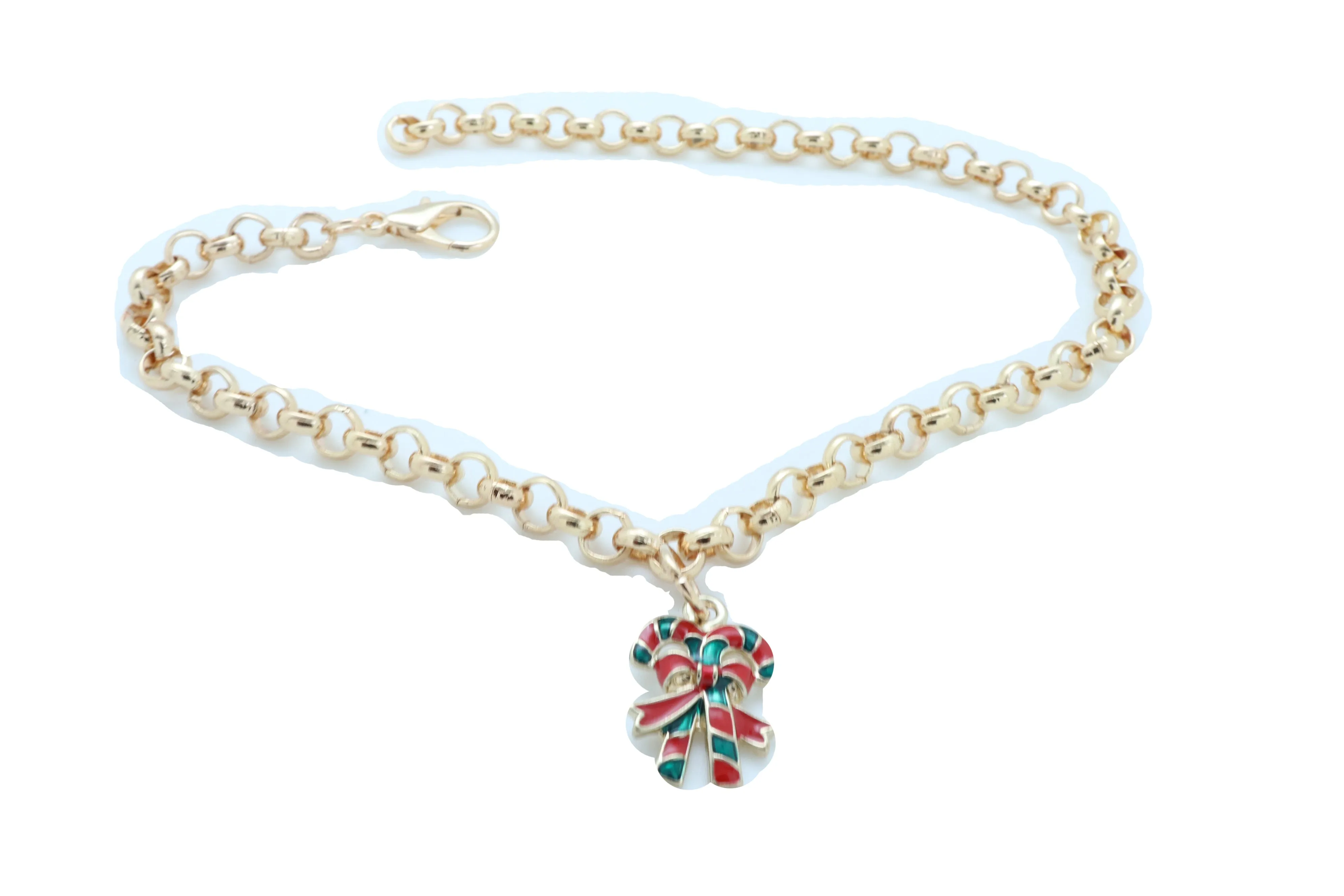Gold Metal Boot Chain Bracelet Christmas Shoe Candy Cane Charm Jewelry