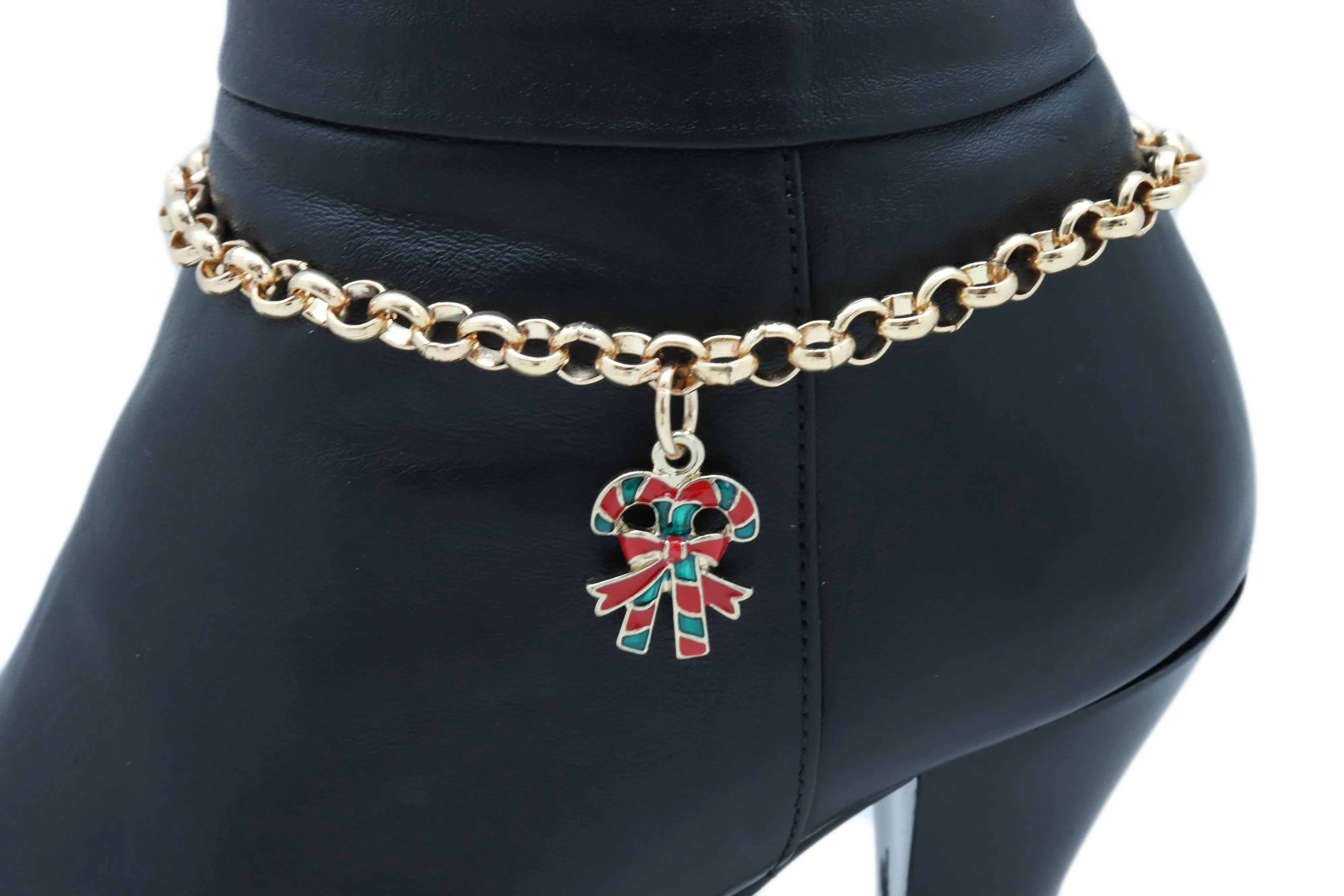 Gold Metal Boot Chain Bracelet Christmas Shoe Candy Cane Charm Jewelry