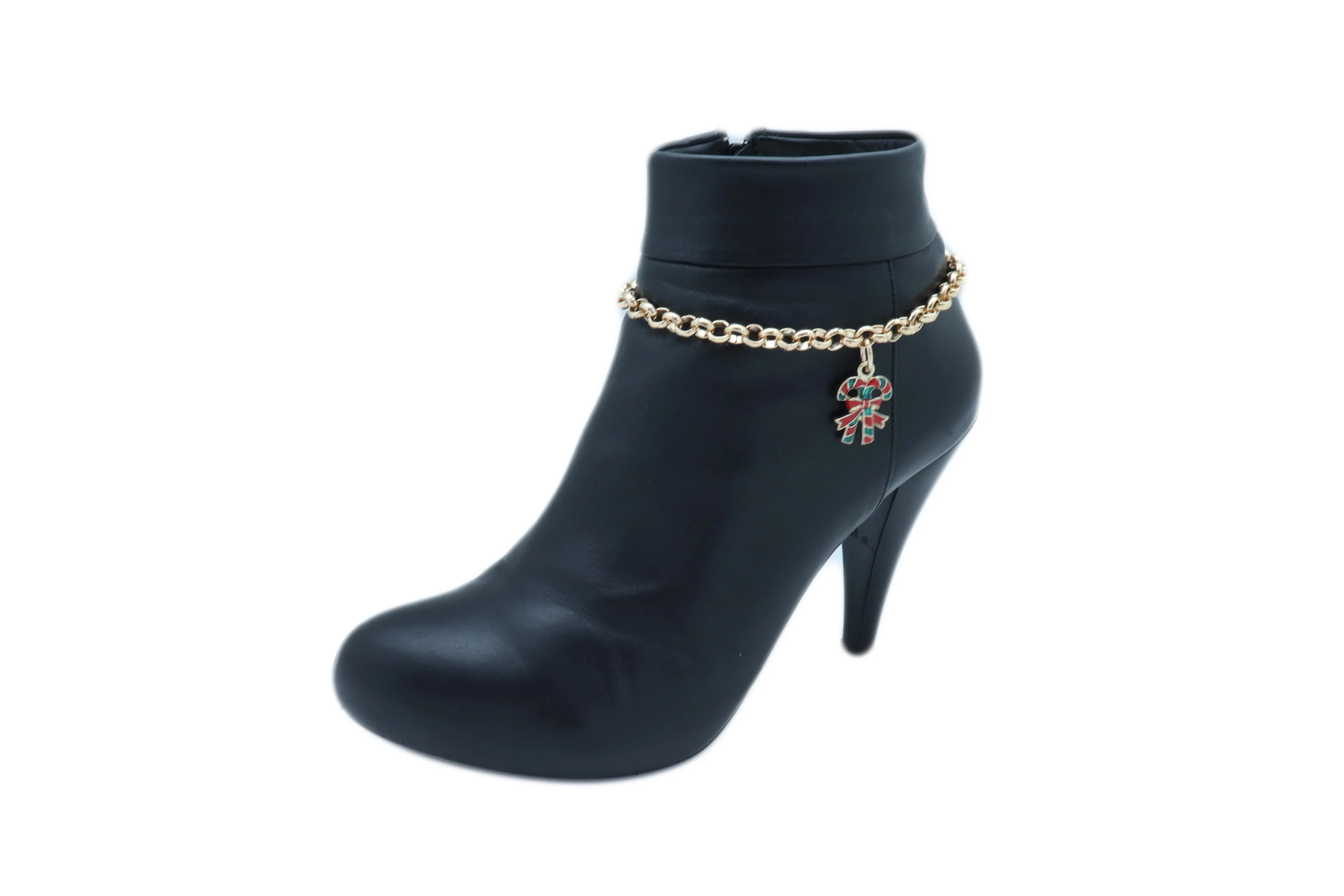 Gold Metal Boot Chain Bracelet Christmas Shoe Candy Cane Charm Jewelry