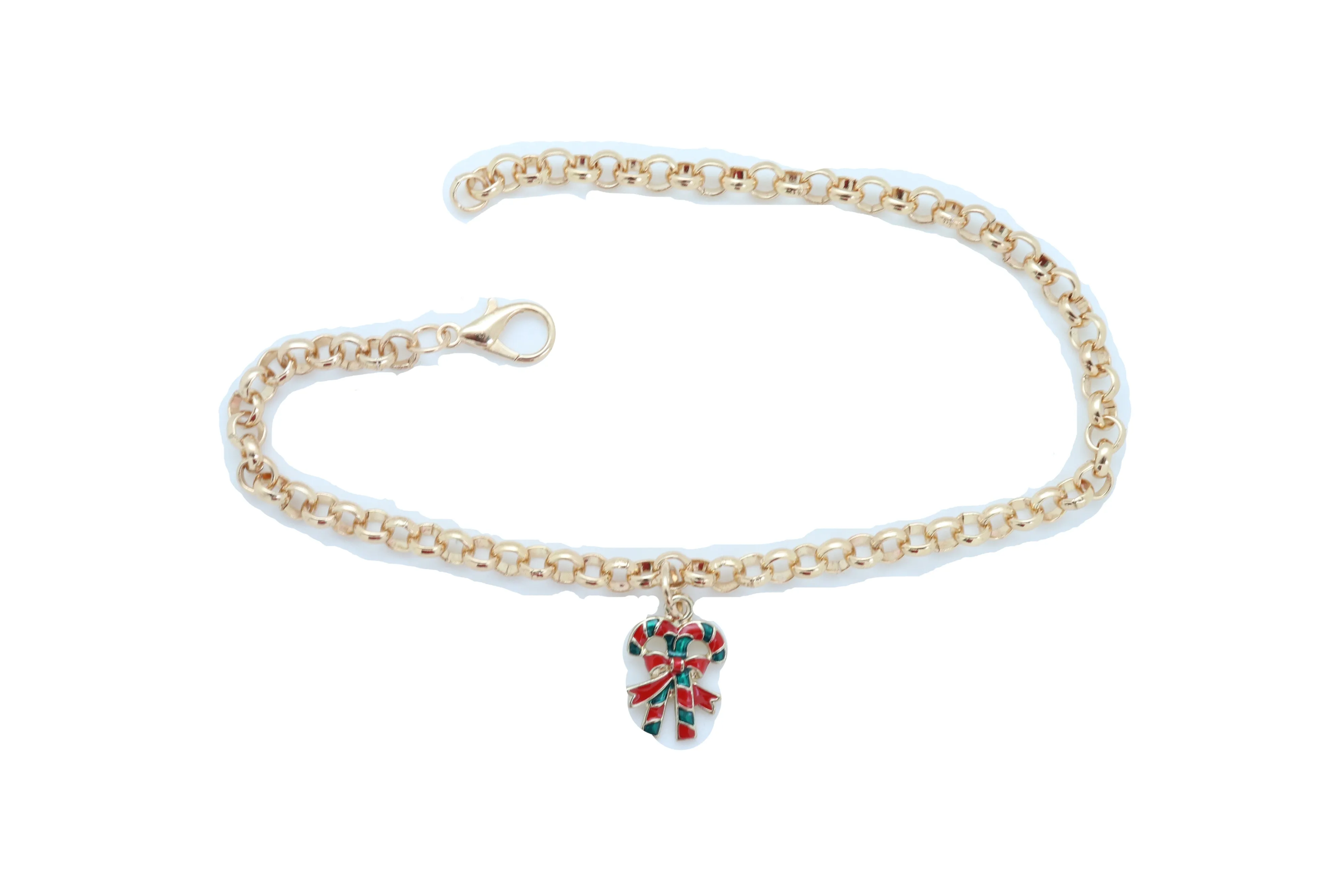Gold Metal Boot Chain Bracelet Christmas Shoe Candy Cane Charm Jewelry