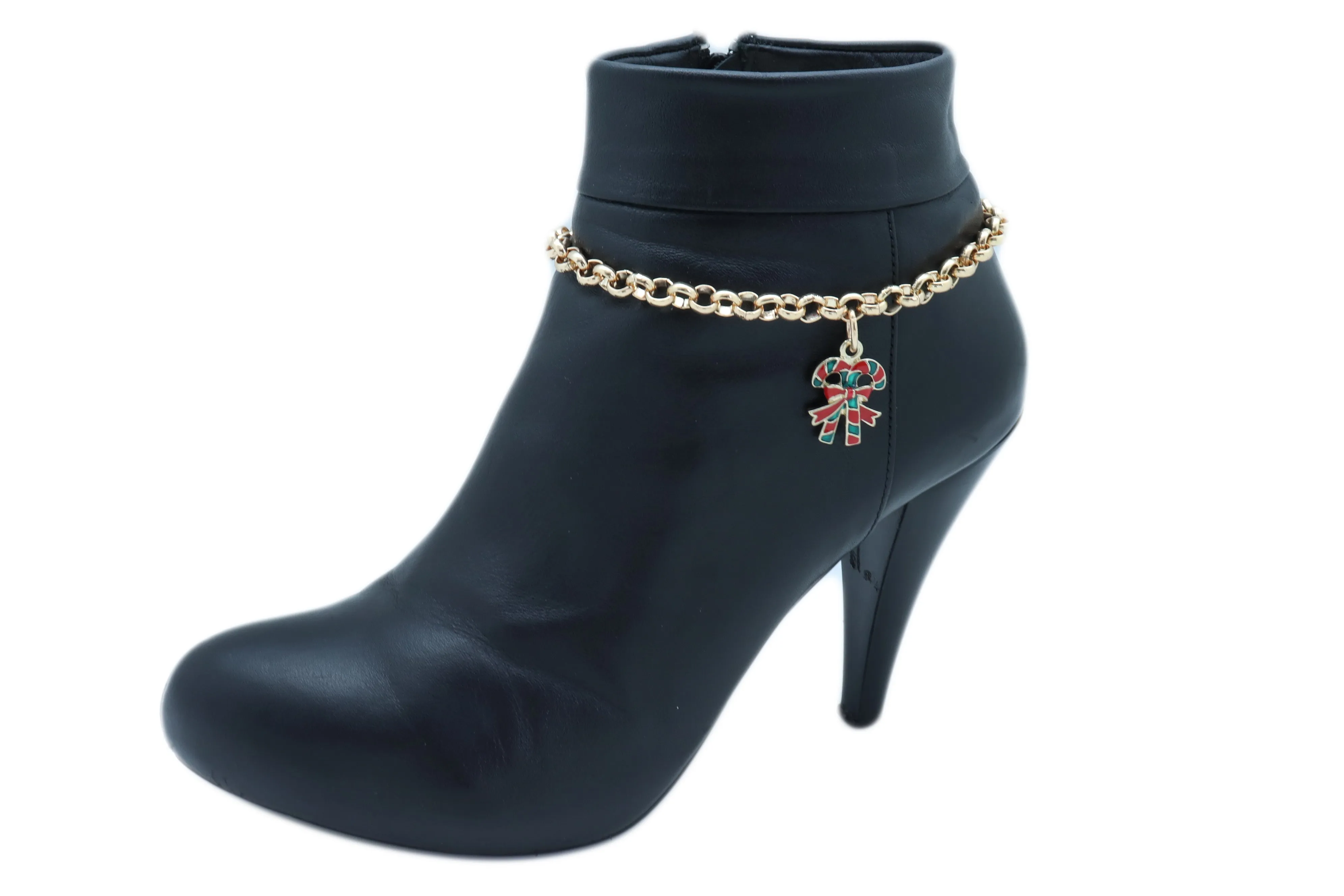 Gold Metal Boot Chain Bracelet Christmas Shoe Candy Cane Charm Jewelry