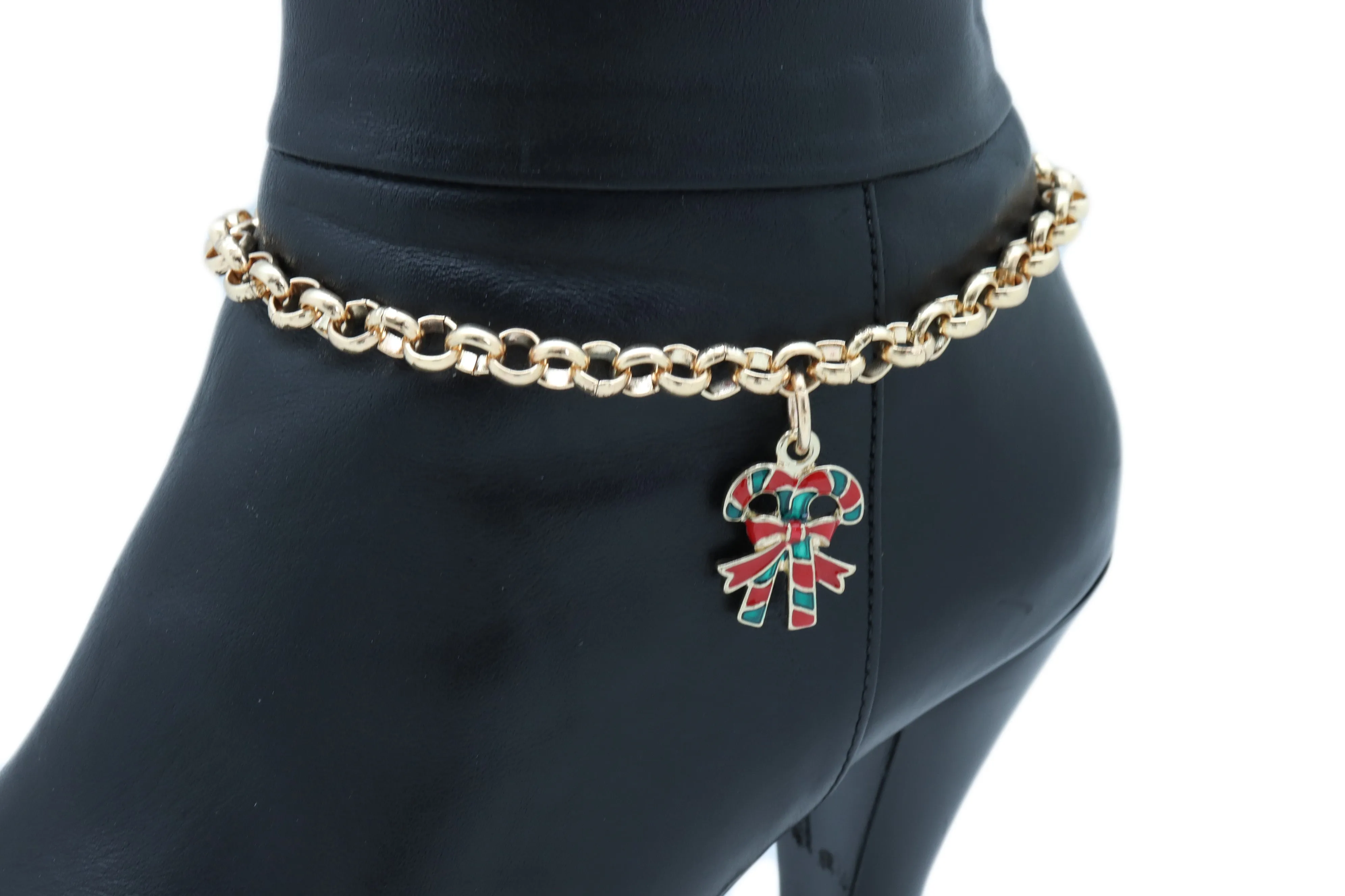 Gold Metal Boot Chain Bracelet Christmas Shoe Candy Cane Charm Jewelry