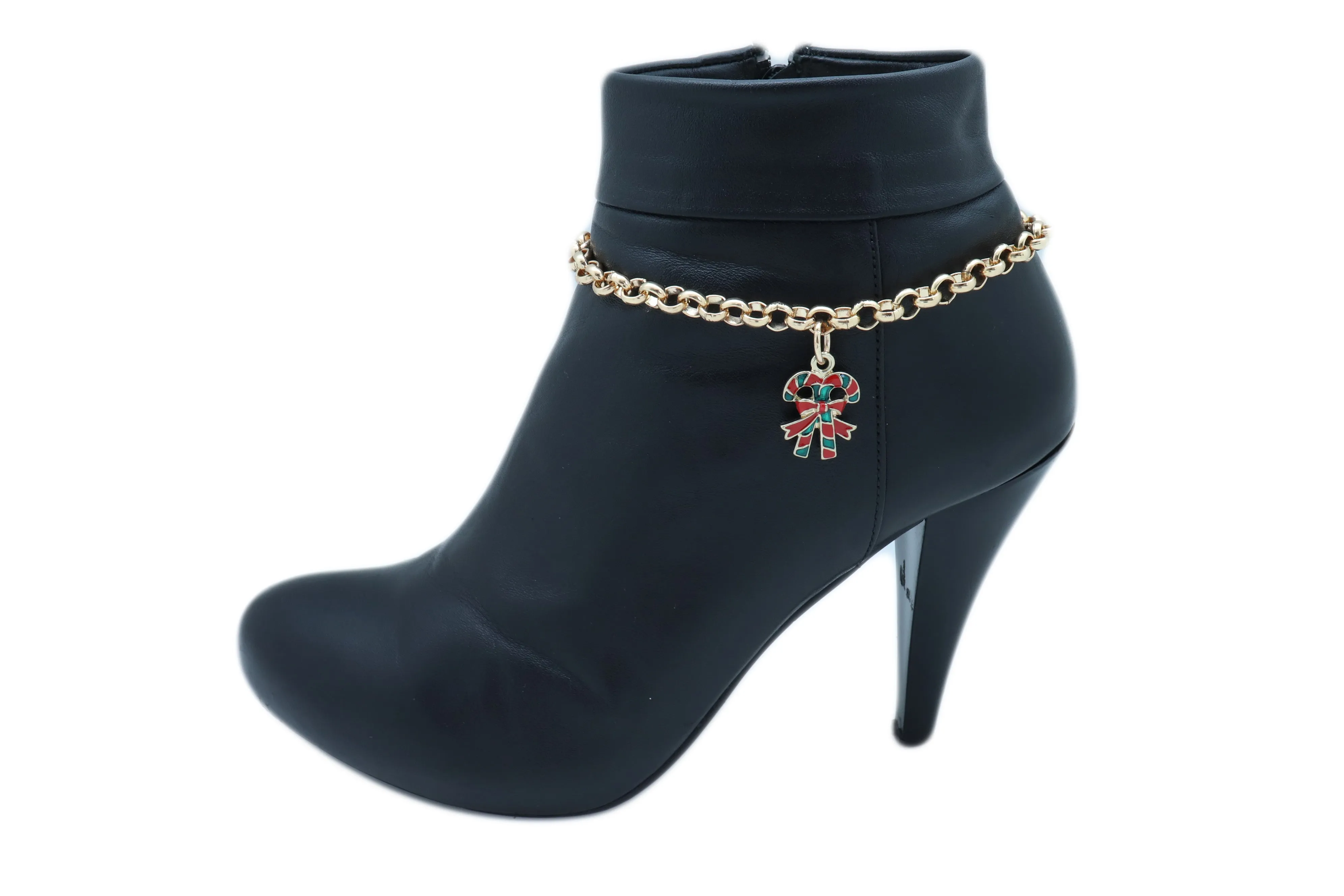 Gold Metal Boot Chain Bracelet Christmas Shoe Candy Cane Charm Jewelry