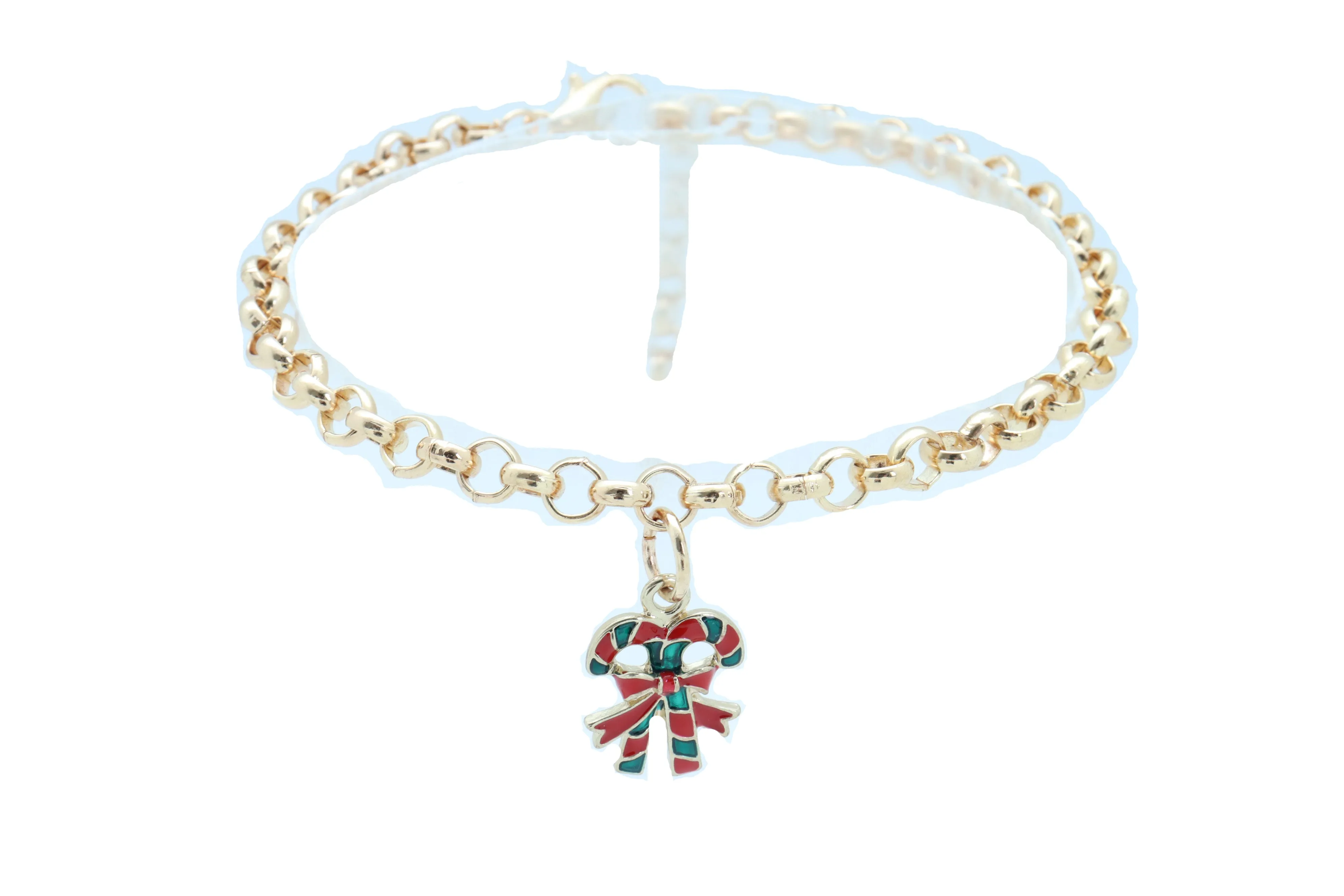 Gold Metal Boot Chain Bracelet Christmas Shoe Candy Cane Charm Jewelry