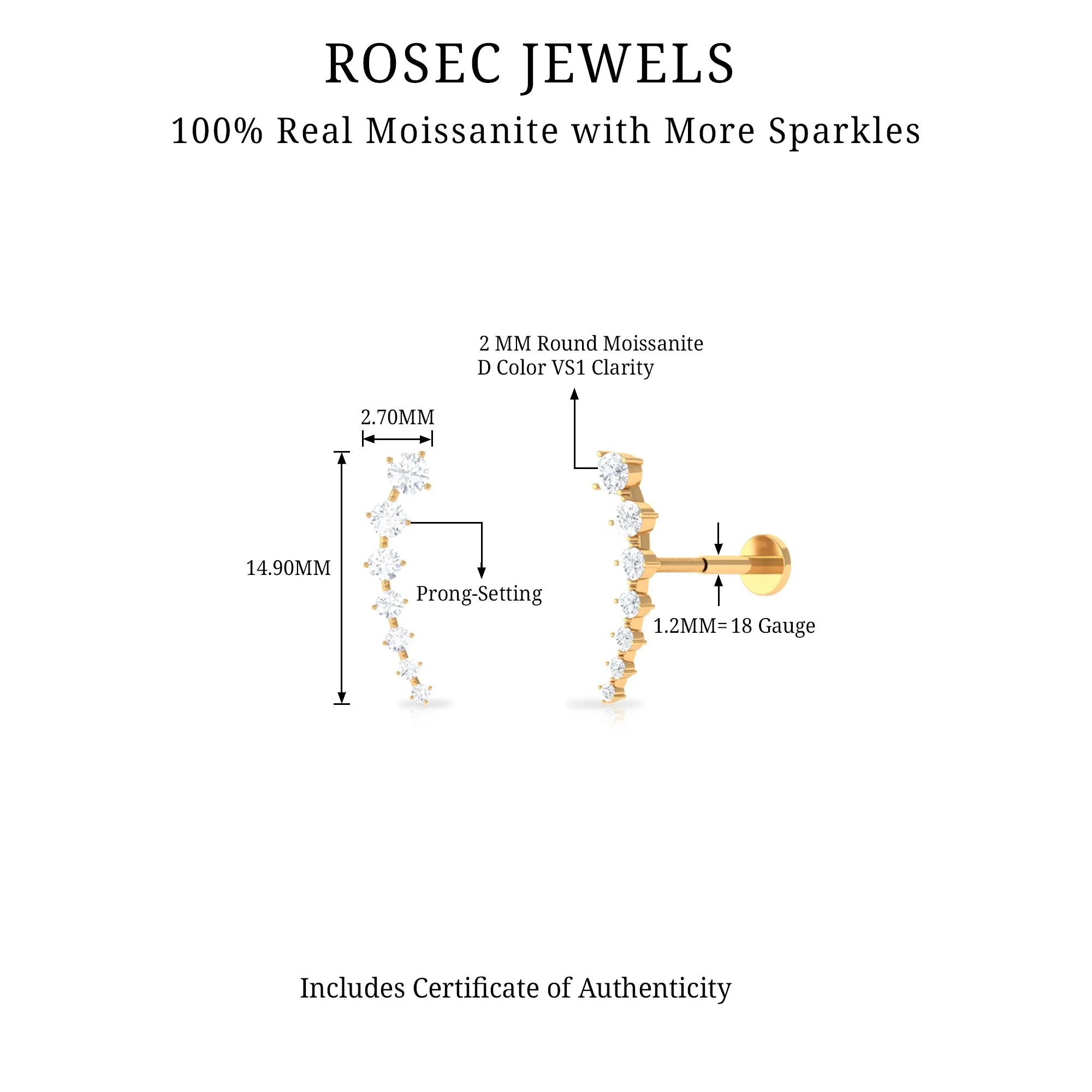 Graduated Style Moissanite Ear Crawler Earring for Helix Piercing