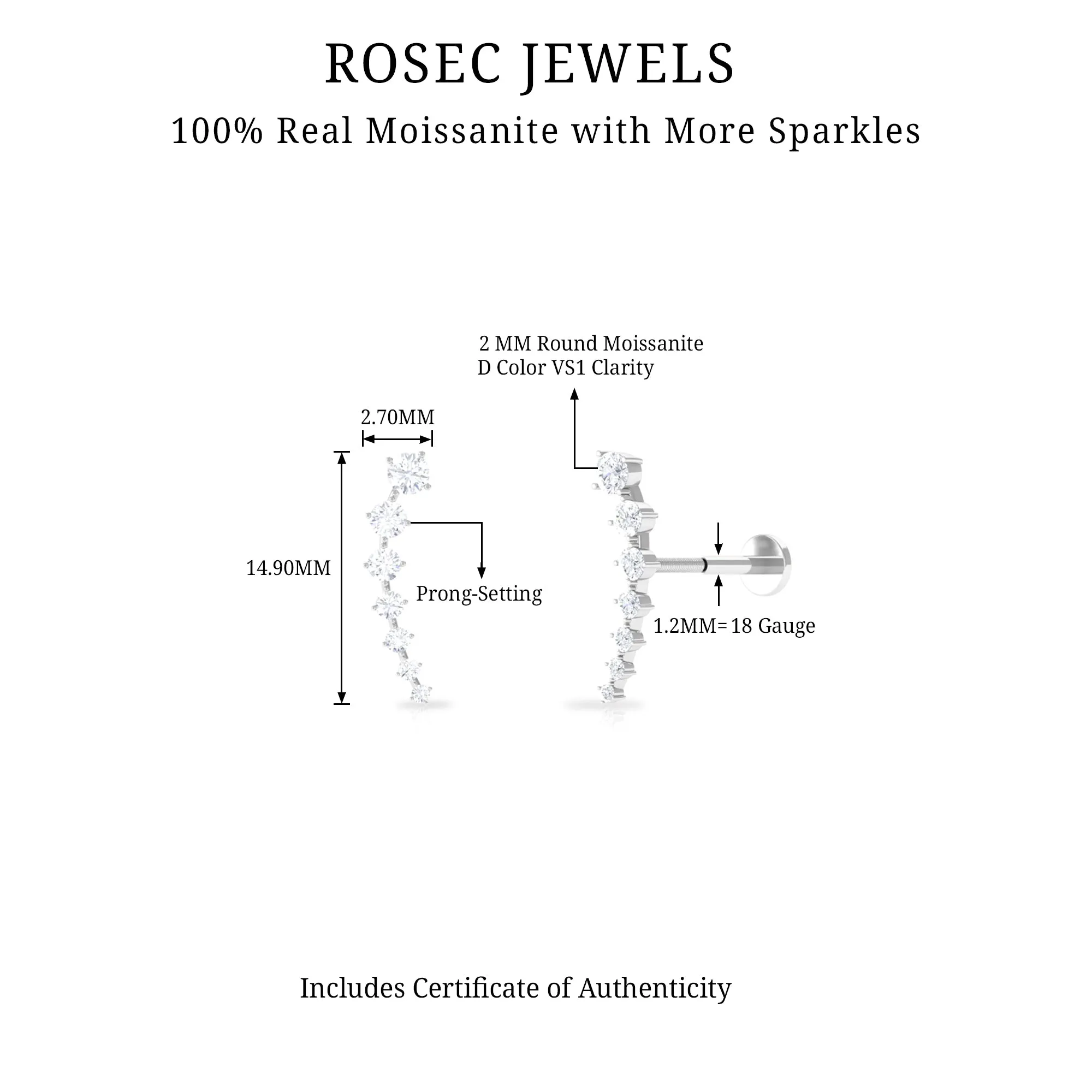 Graduated Style Moissanite Ear Crawler Earring for Helix Piercing