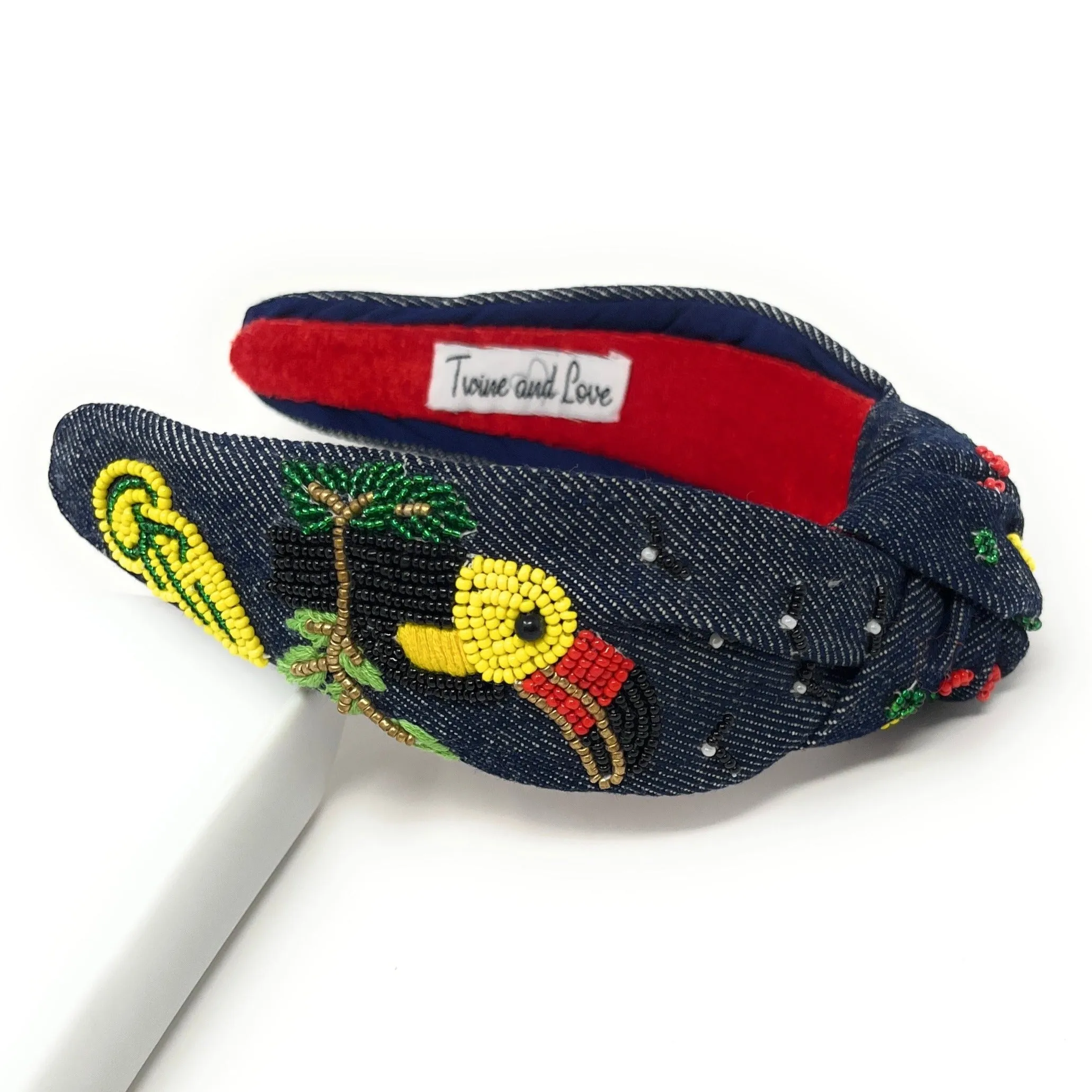 Hand Beaded Toucan Denim Knot Headband