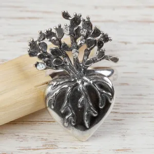 Hand Made Sterling Silver Cocktail Ring Heart (1.3 inch) - Root of Life | NOVICA