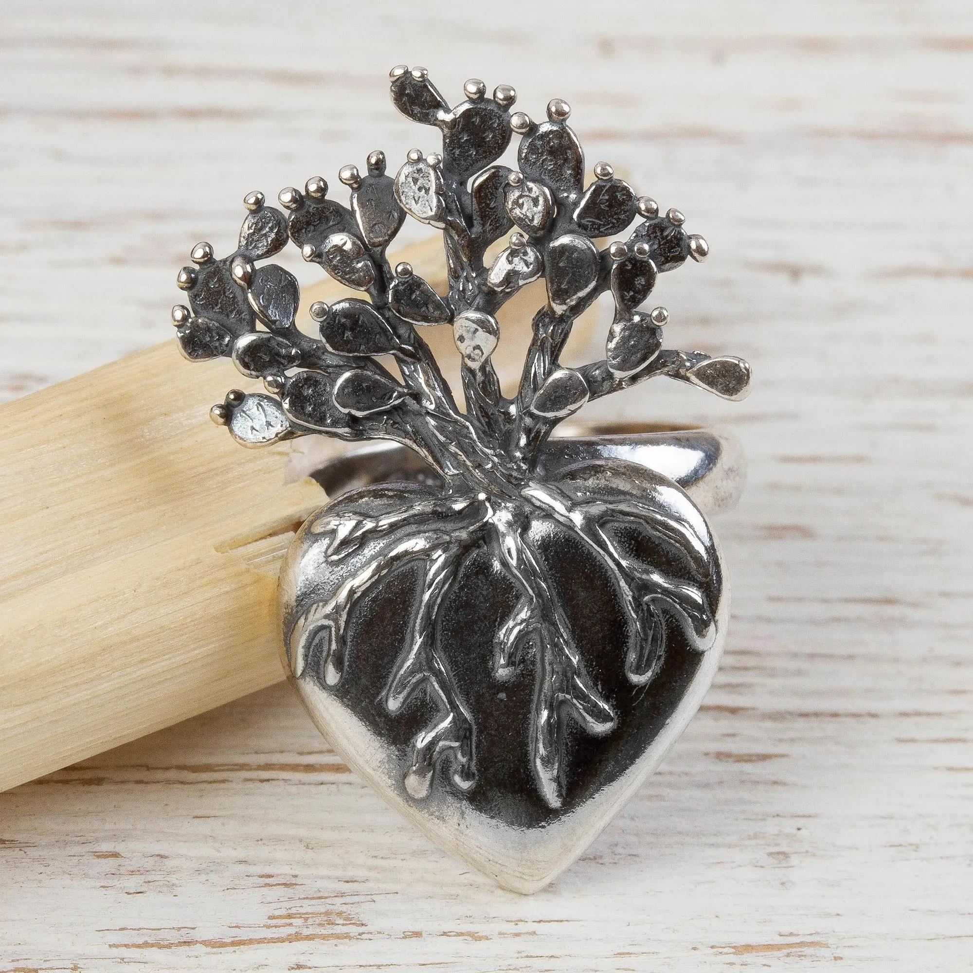 Hand Made Sterling Silver Cocktail Ring Heart (1.3 inch) - Root of Life | NOVICA