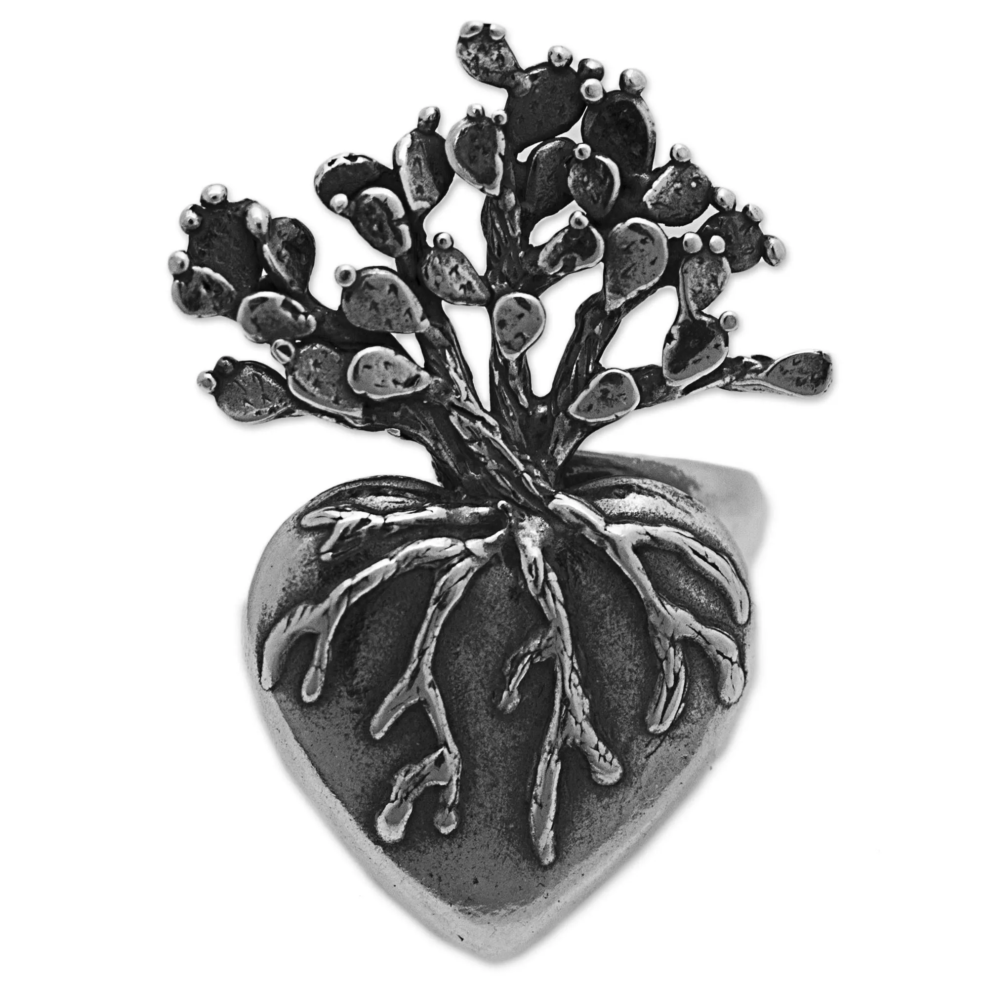 Hand Made Sterling Silver Cocktail Ring Heart (1.3 inch) - Root of Life | NOVICA
