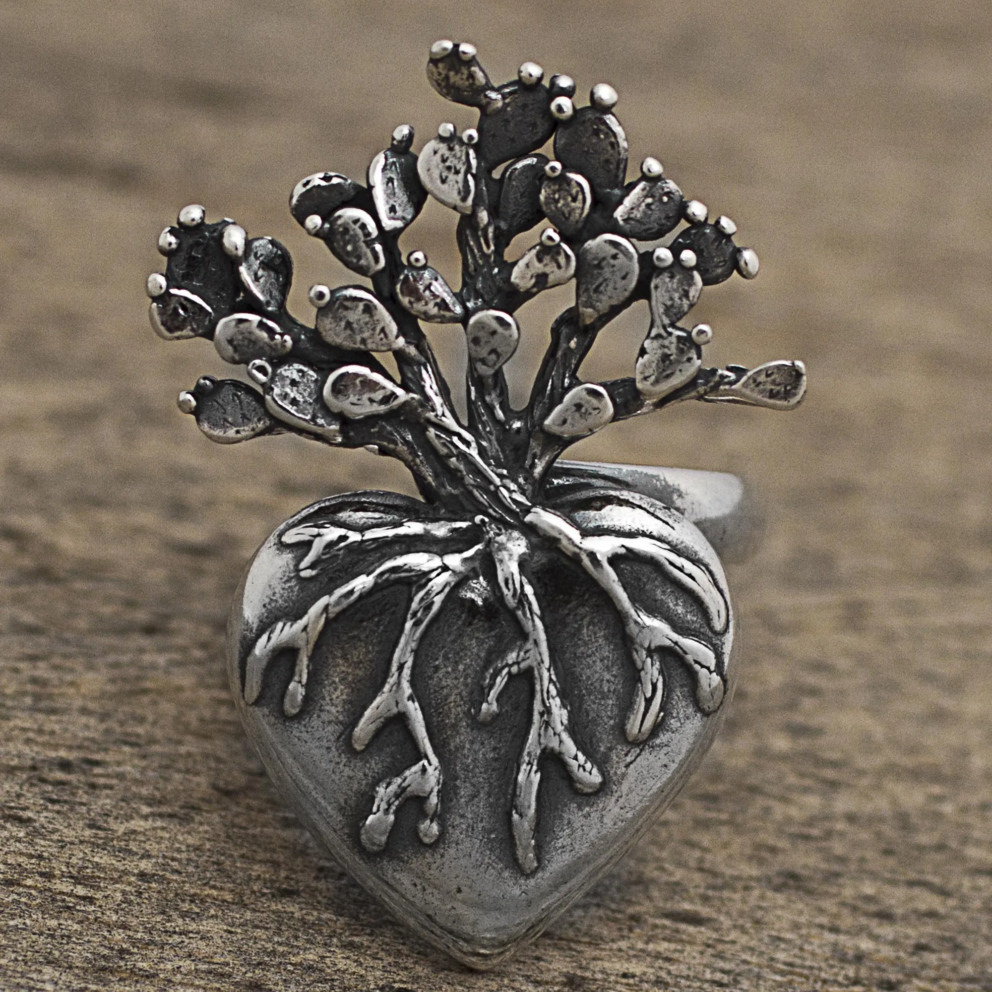 Hand Made Sterling Silver Cocktail Ring Heart (1.3 inch) - Root of Life | NOVICA