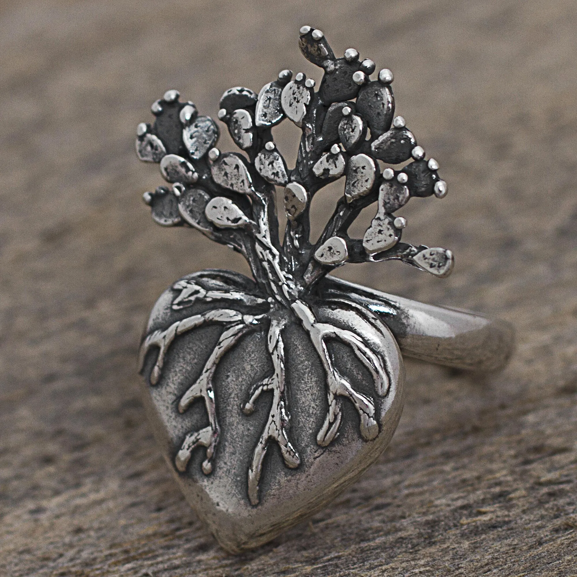 Hand Made Sterling Silver Cocktail Ring Heart (1.3 inch) - Root of Life | NOVICA