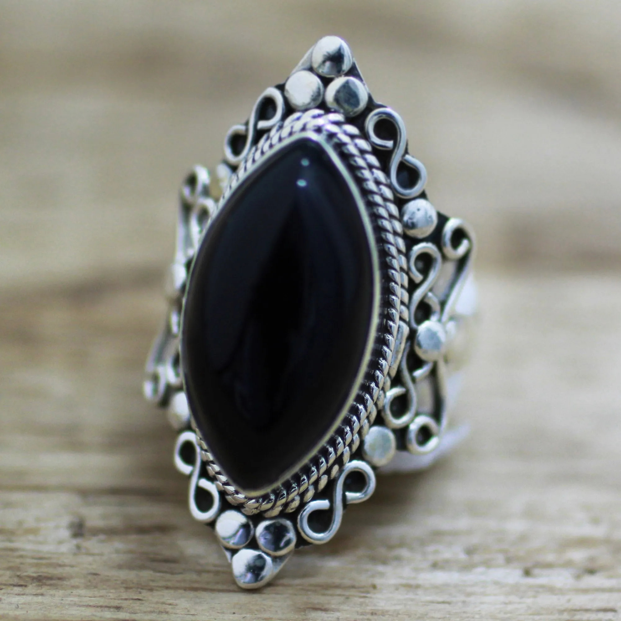 Hand Made Sterling Silver Onyx Cocktail Ring from India - Lover's Midnight Gaze | NOVICA