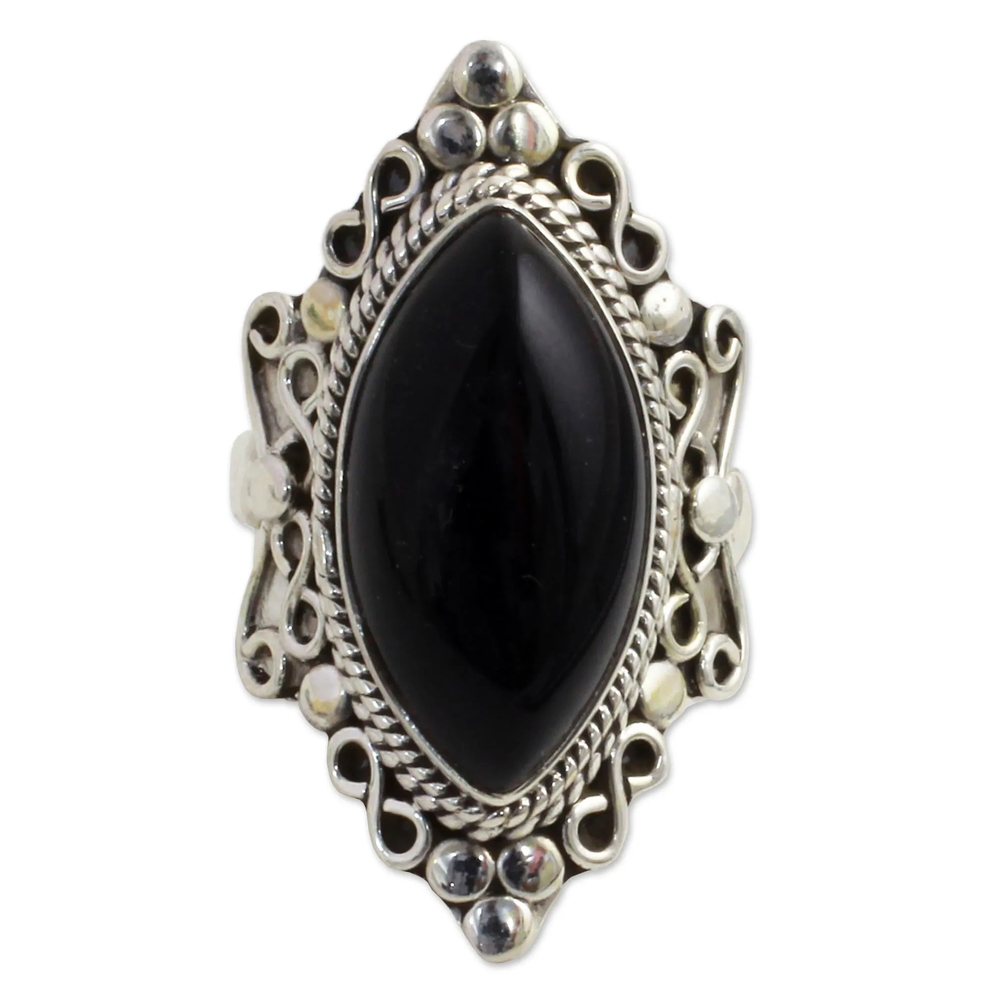 Hand Made Sterling Silver Onyx Cocktail Ring from India - Lover's Midnight Gaze | NOVICA