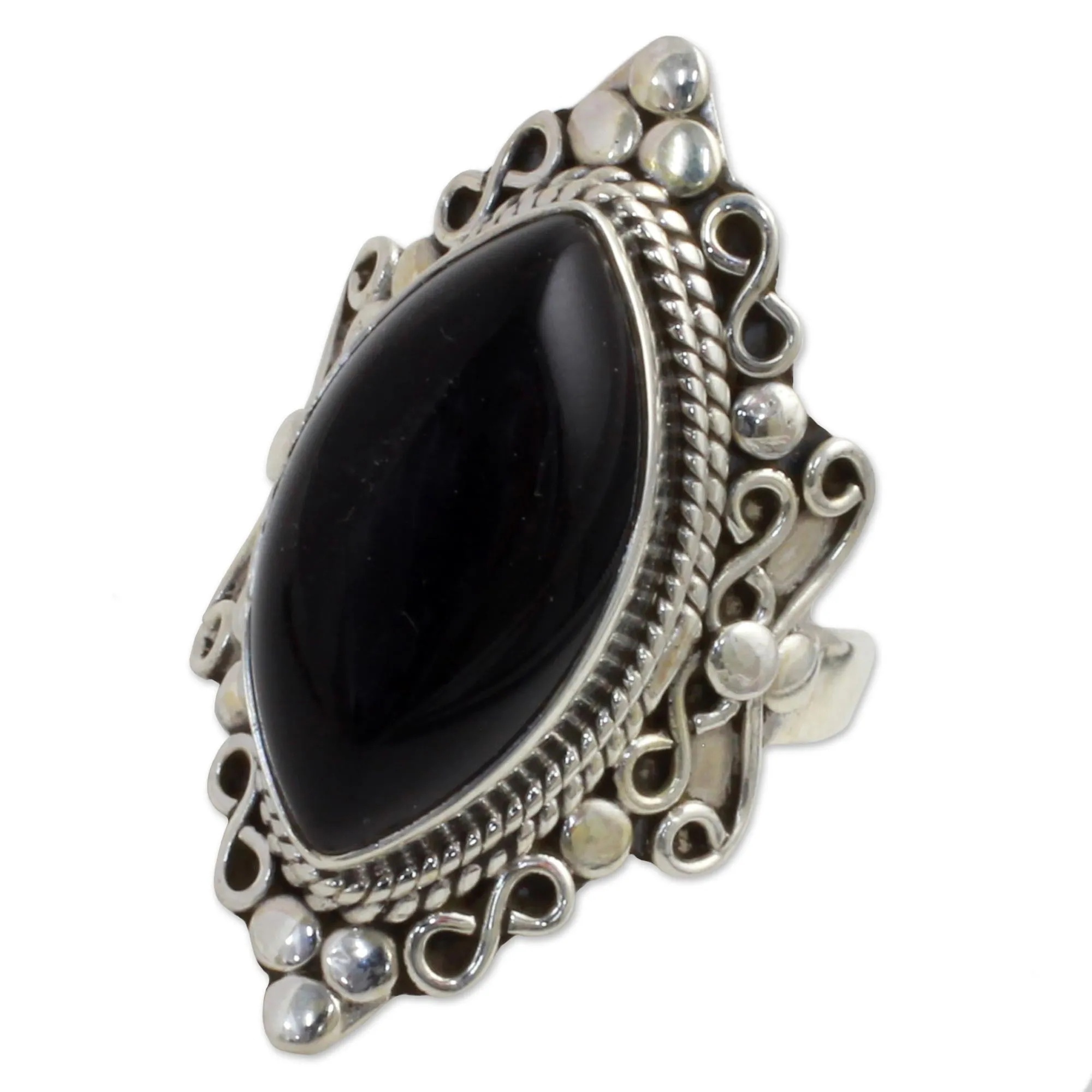 Hand Made Sterling Silver Onyx Cocktail Ring from India - Lover's Midnight Gaze | NOVICA