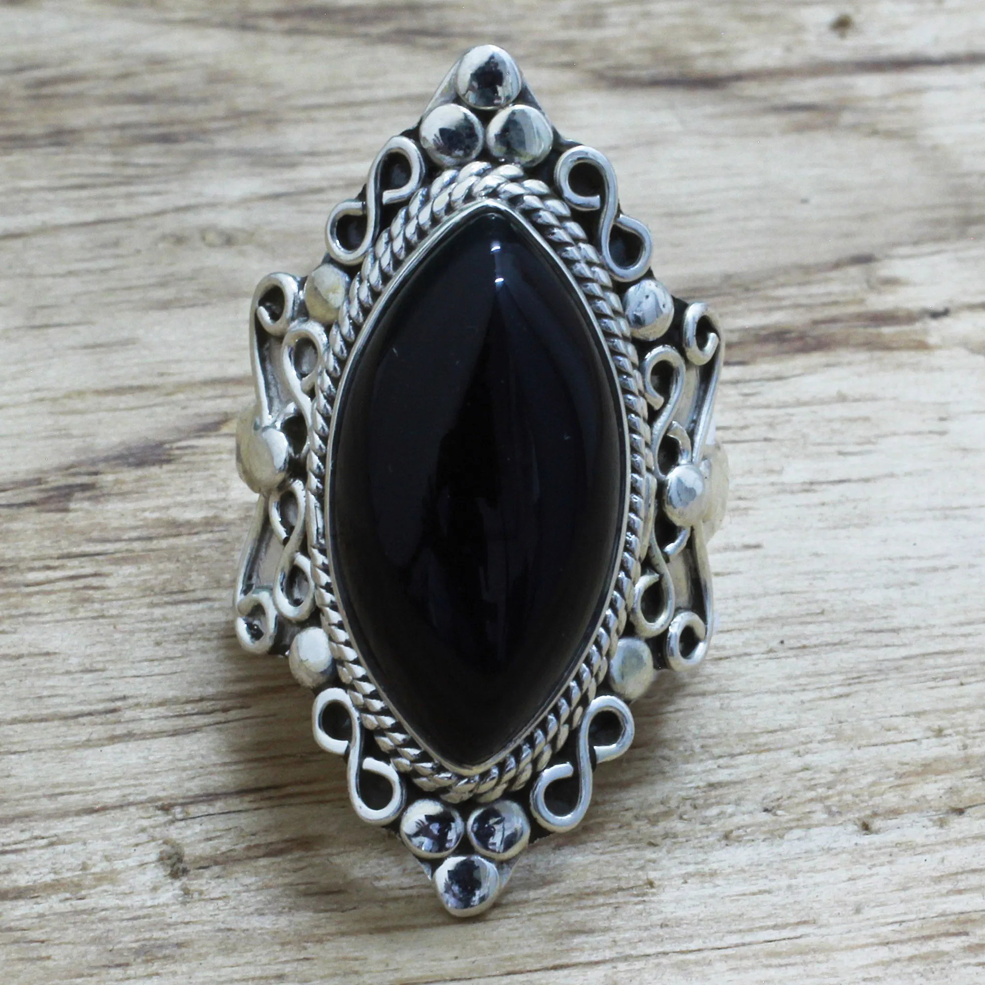 Hand Made Sterling Silver Onyx Cocktail Ring from India - Lover's Midnight Gaze | NOVICA