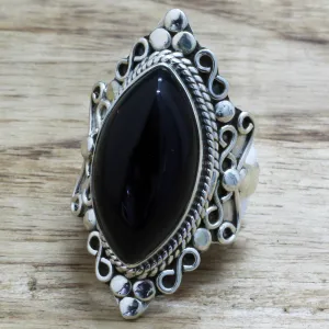 Hand Made Sterling Silver Onyx Cocktail Ring from India - Lover's Midnight Gaze | NOVICA