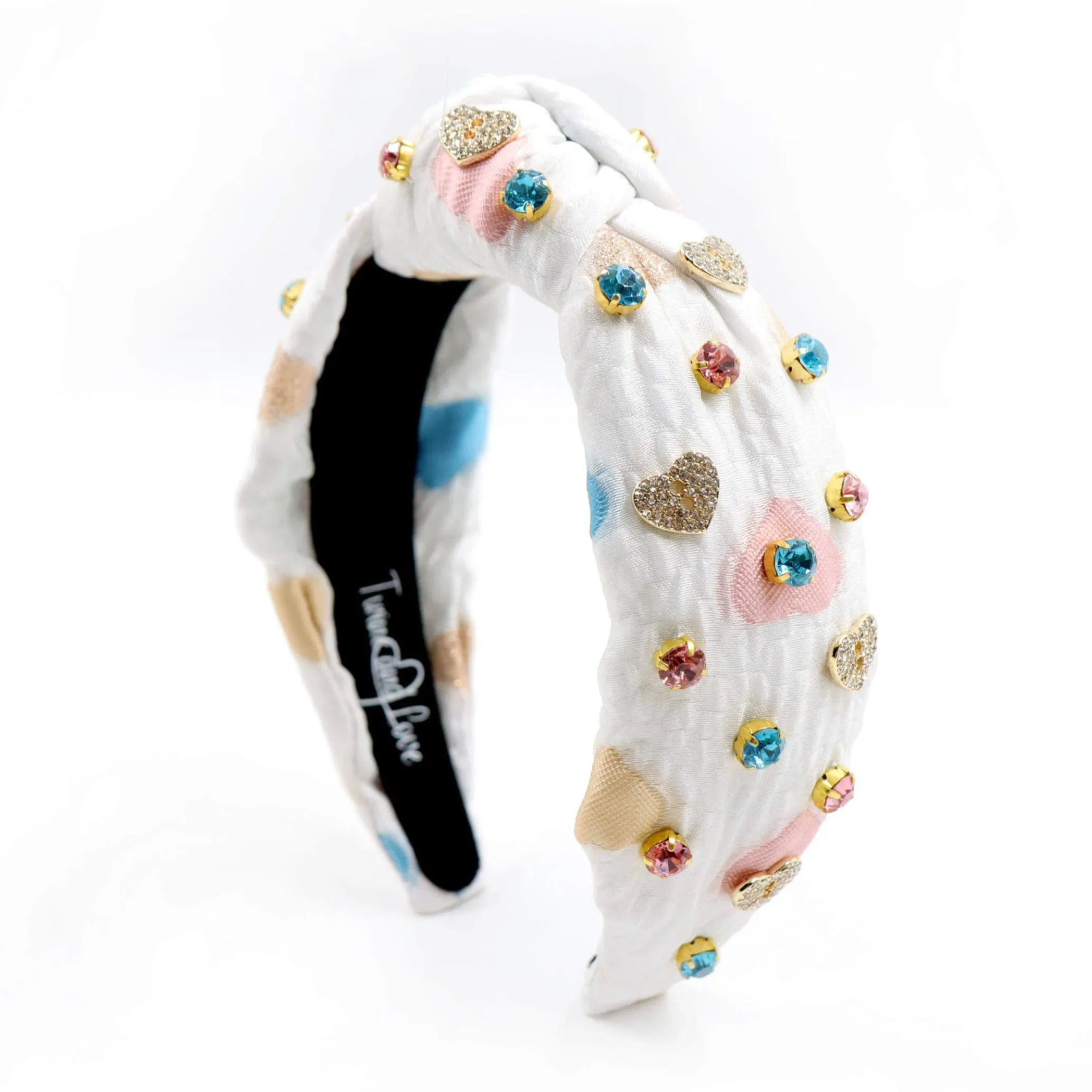 Hand Sewn Multi Hearts Jeweled Knot Headband