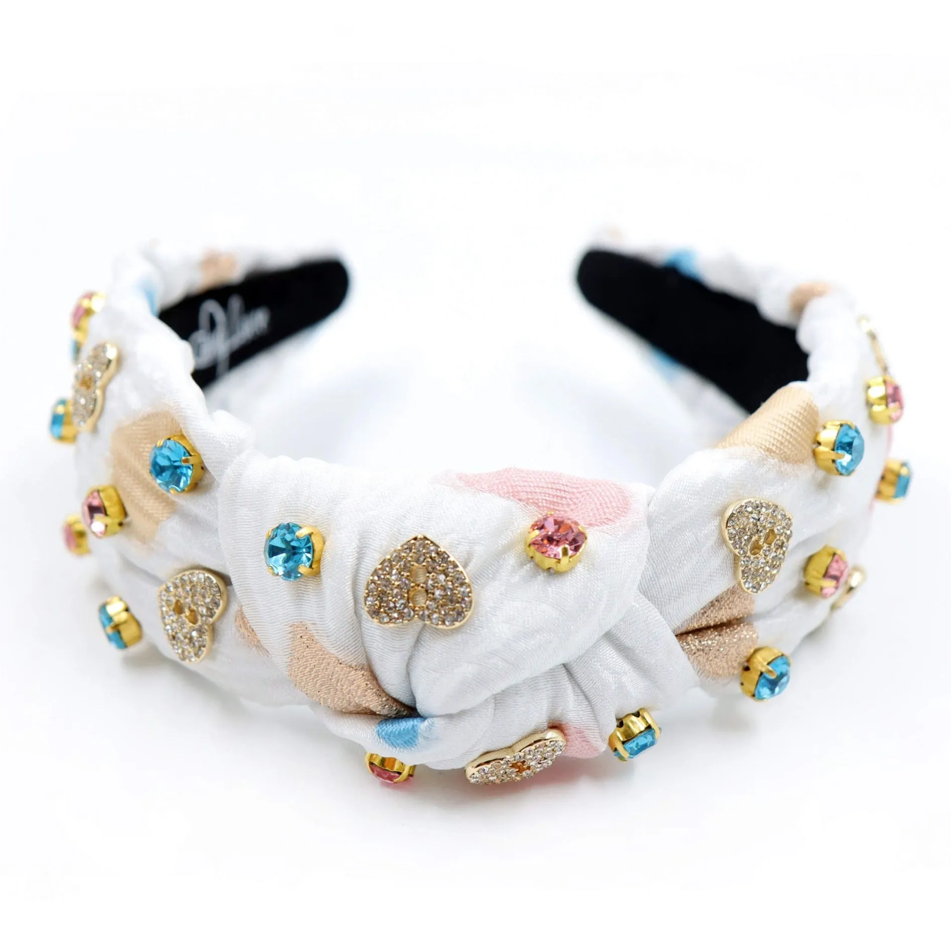 Hand Sewn Multi Hearts Jeweled Knot Headband