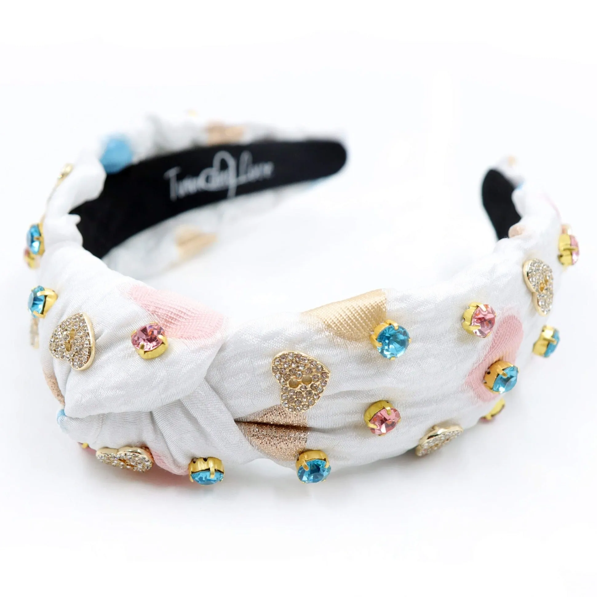 Hand Sewn Multi Hearts Jeweled Knot Headband