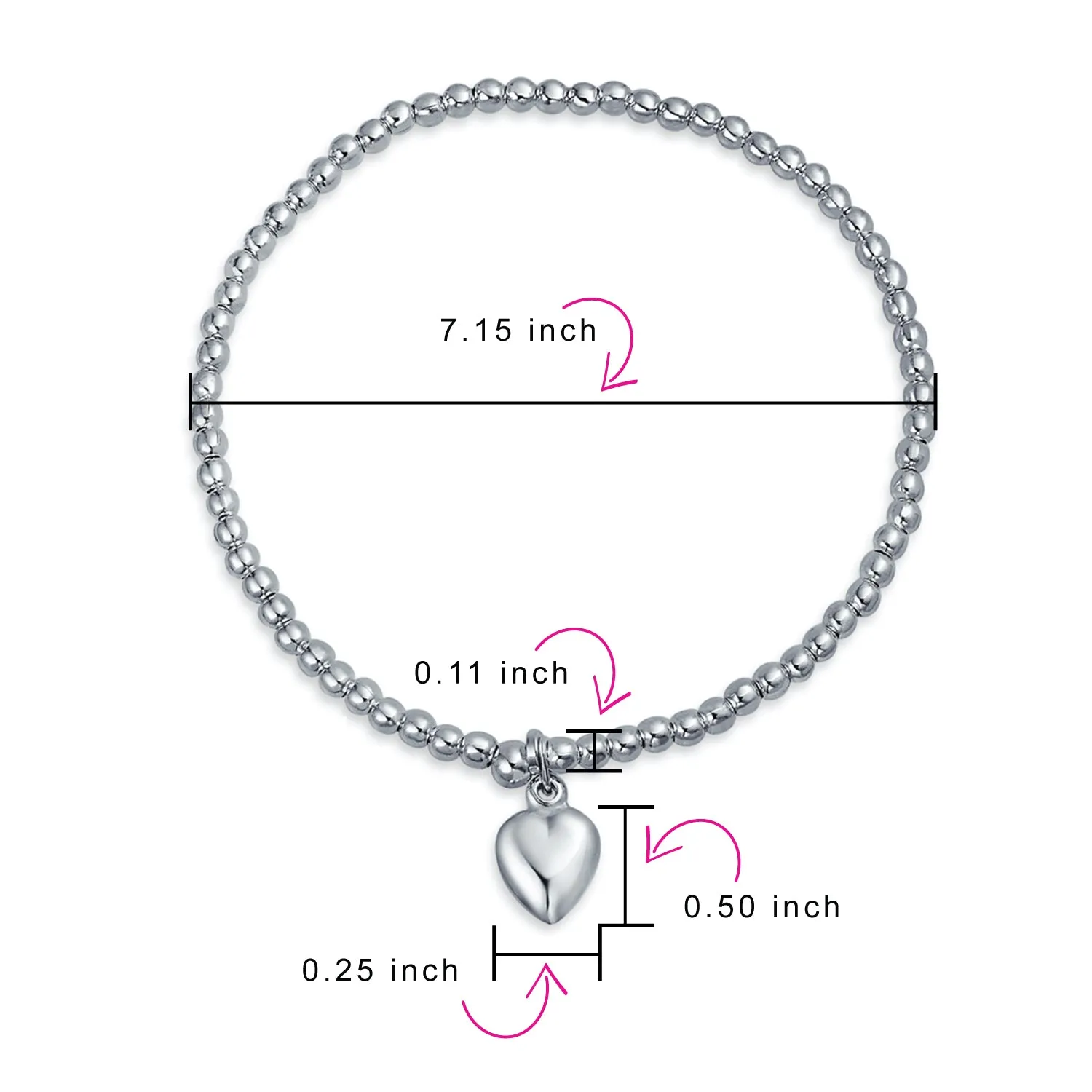 Initial A-Z 3MM Ball Bead Heart Charm Stretch Bracelet Sterling Silver