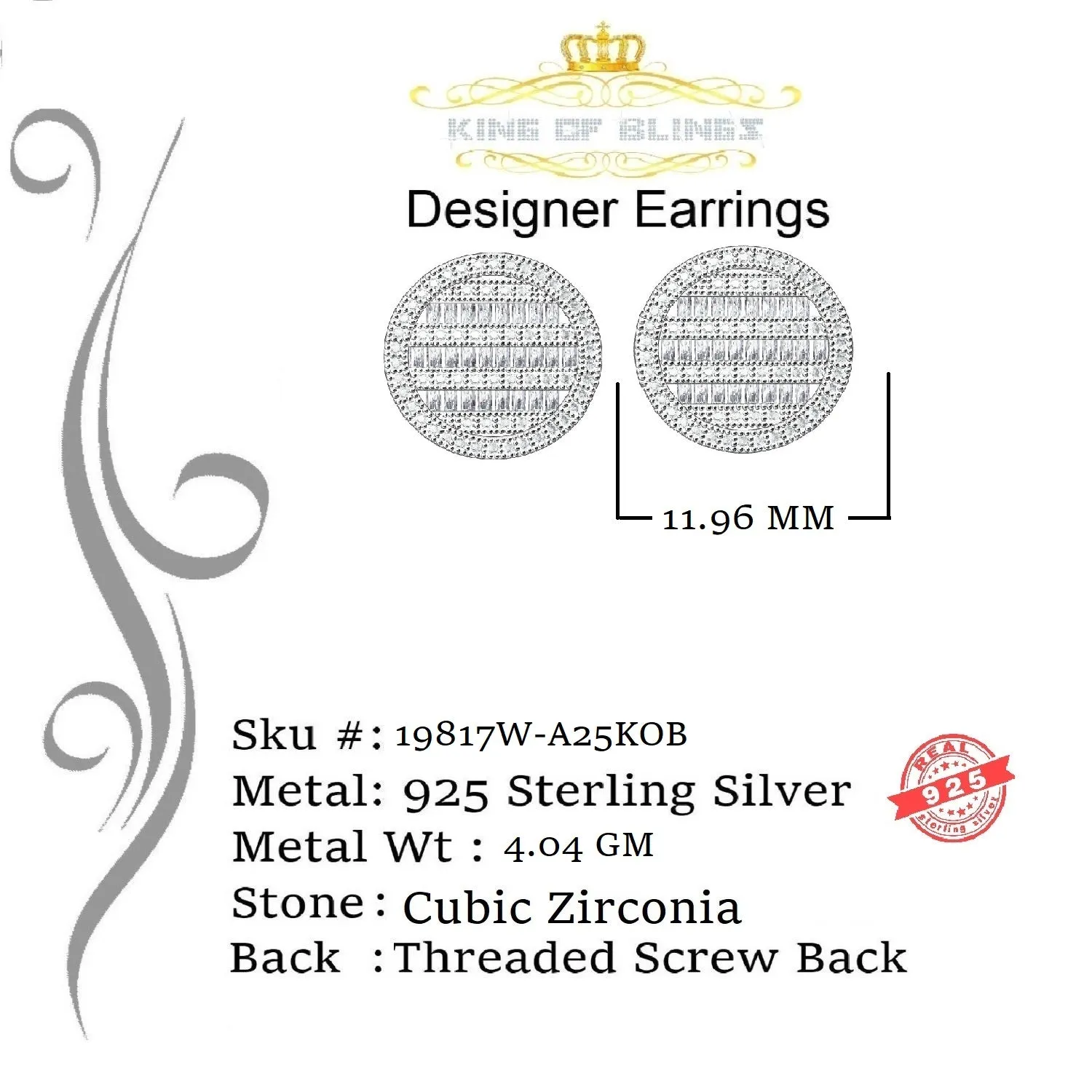 King of Blings- 0.68ct Cubic Zirconia 925 Sterling White Silver Round Men's & Women's Earrings