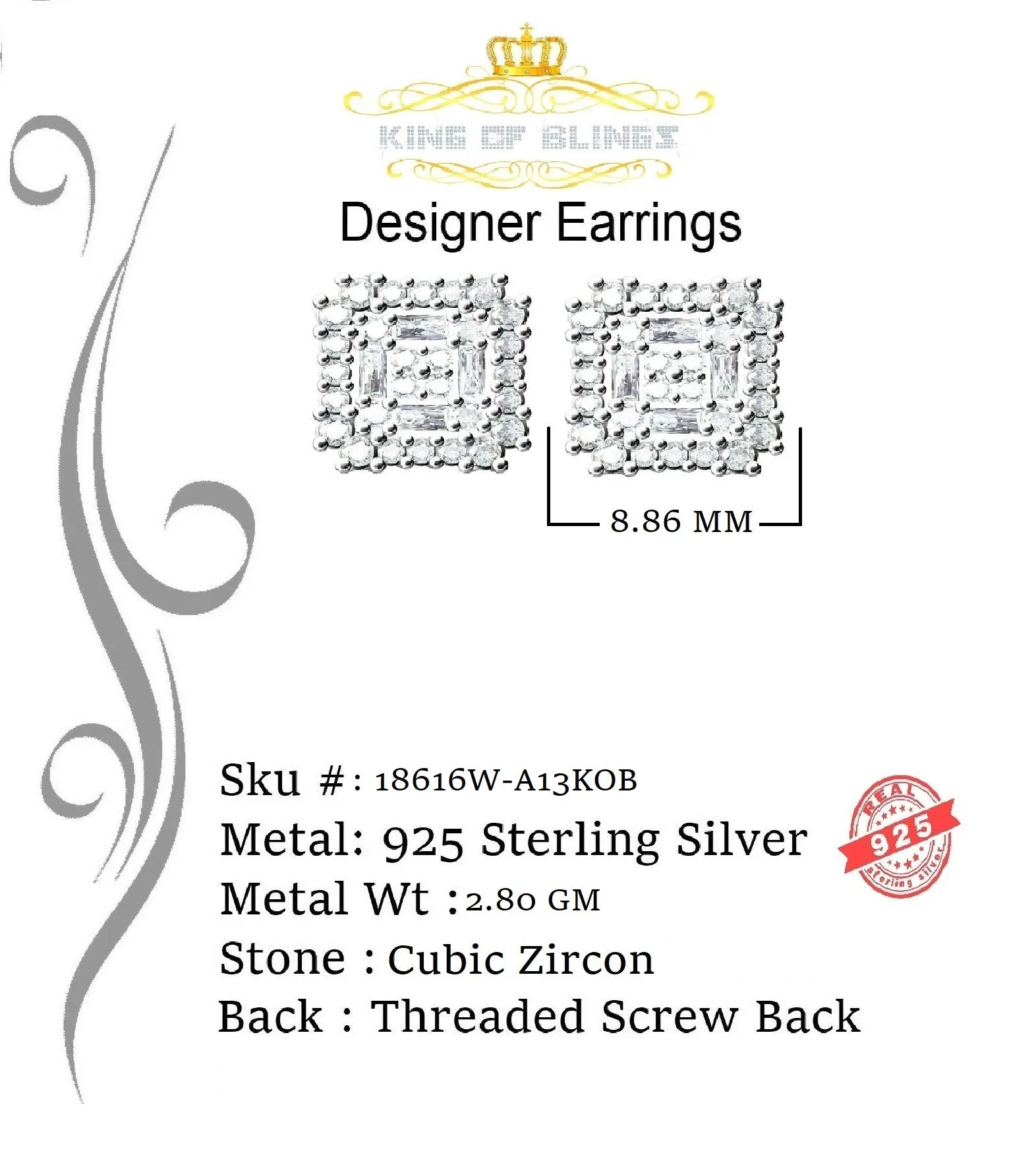 King of Blings- 1.18ct Cubic Zirconia 925 White Silver Women's & Men's Hip Hop Square Earrings