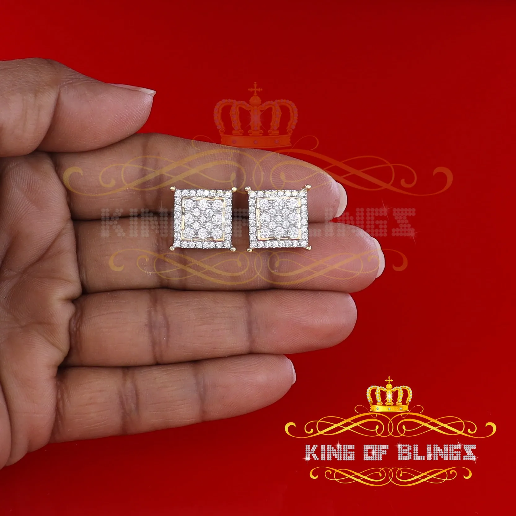 King of Bling's Hip Hop 925 Yellow Sterling Silver 2.73ct Cubic Zirconia Women's Square Earrings