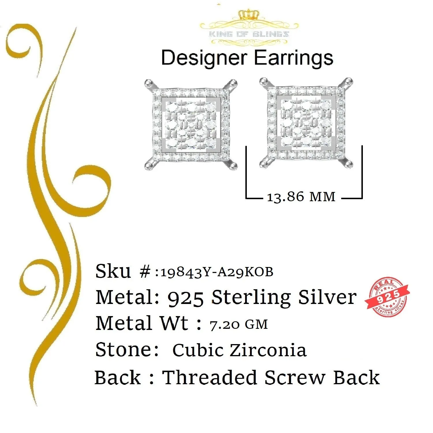 King of Bling's Hip Hop 925 Yellow Sterling Silver 2.73ct Cubic Zirconia Women's Square Earrings