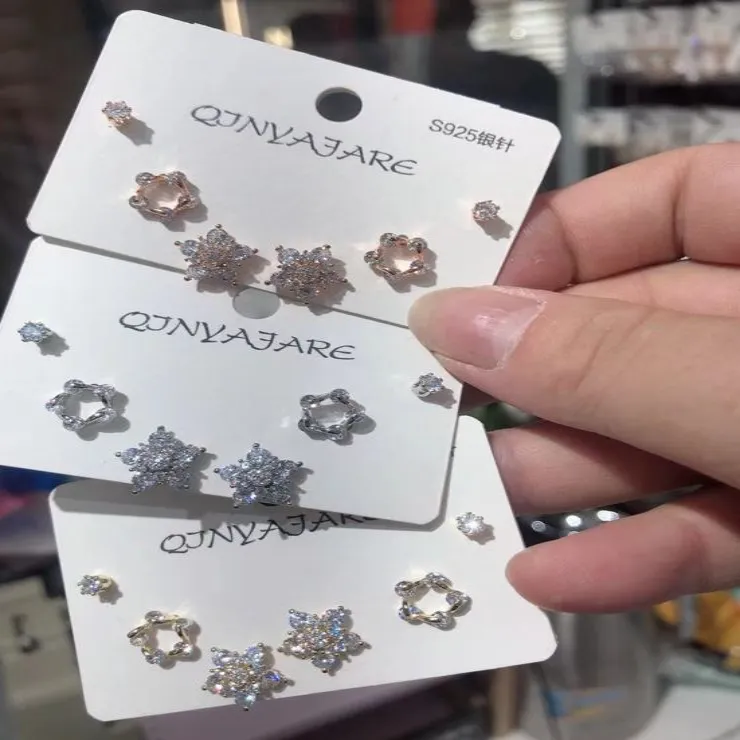 Korean Cubic Zirconia Flower Three Pair Earring