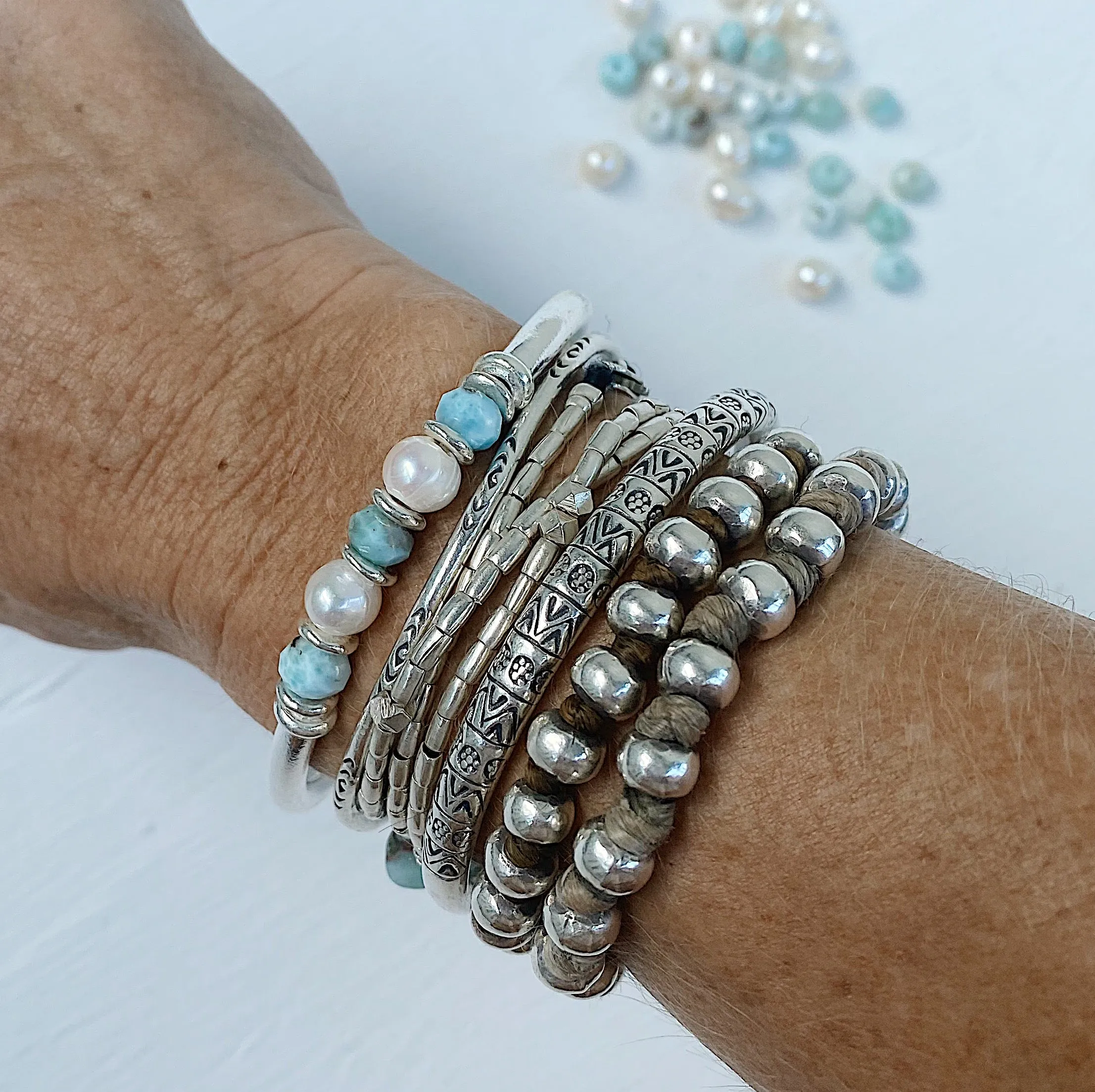 LARIMAR AND PEARL GODDESS BRACELET