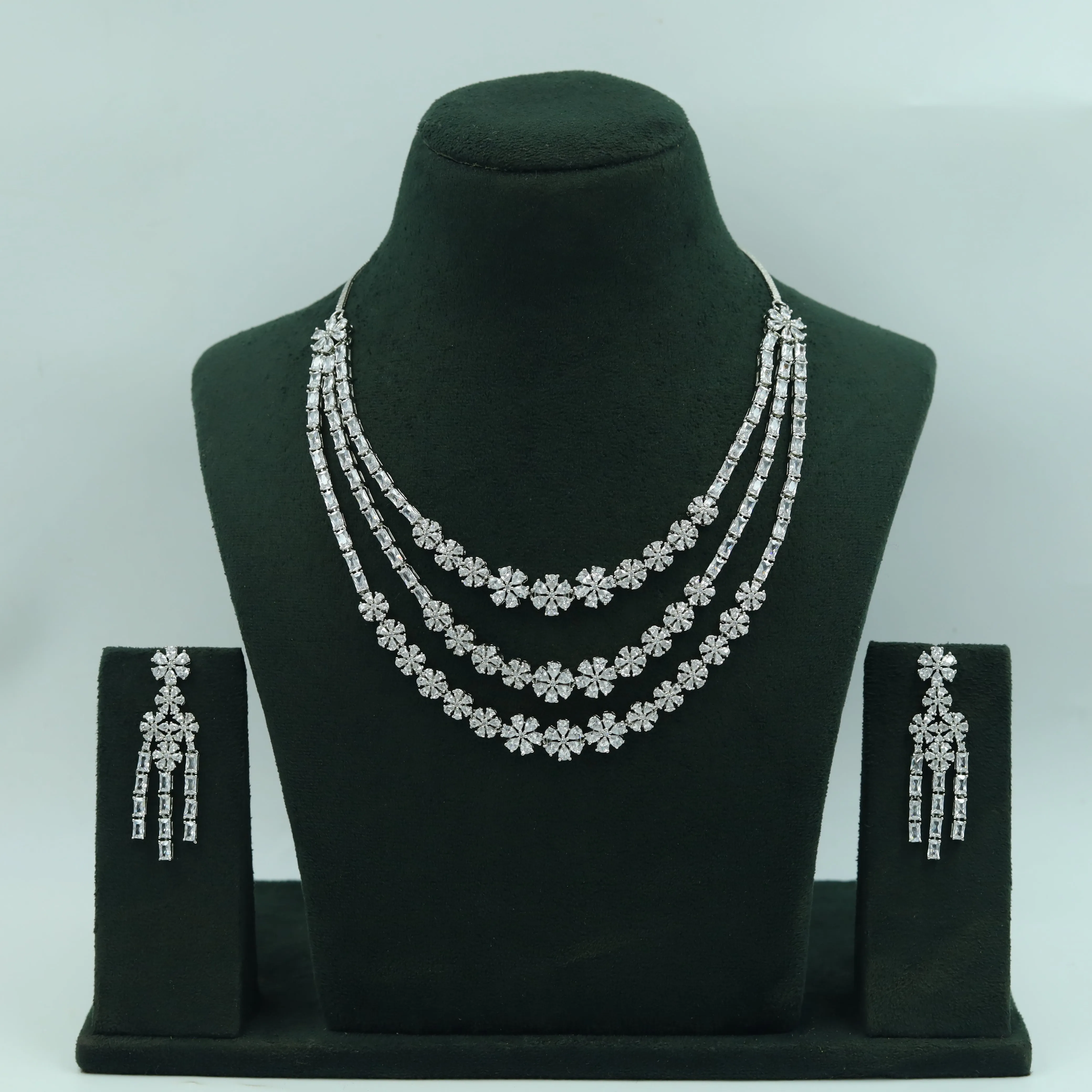 Layered Round Neck Zircon/AD Necklace Set 16212-69