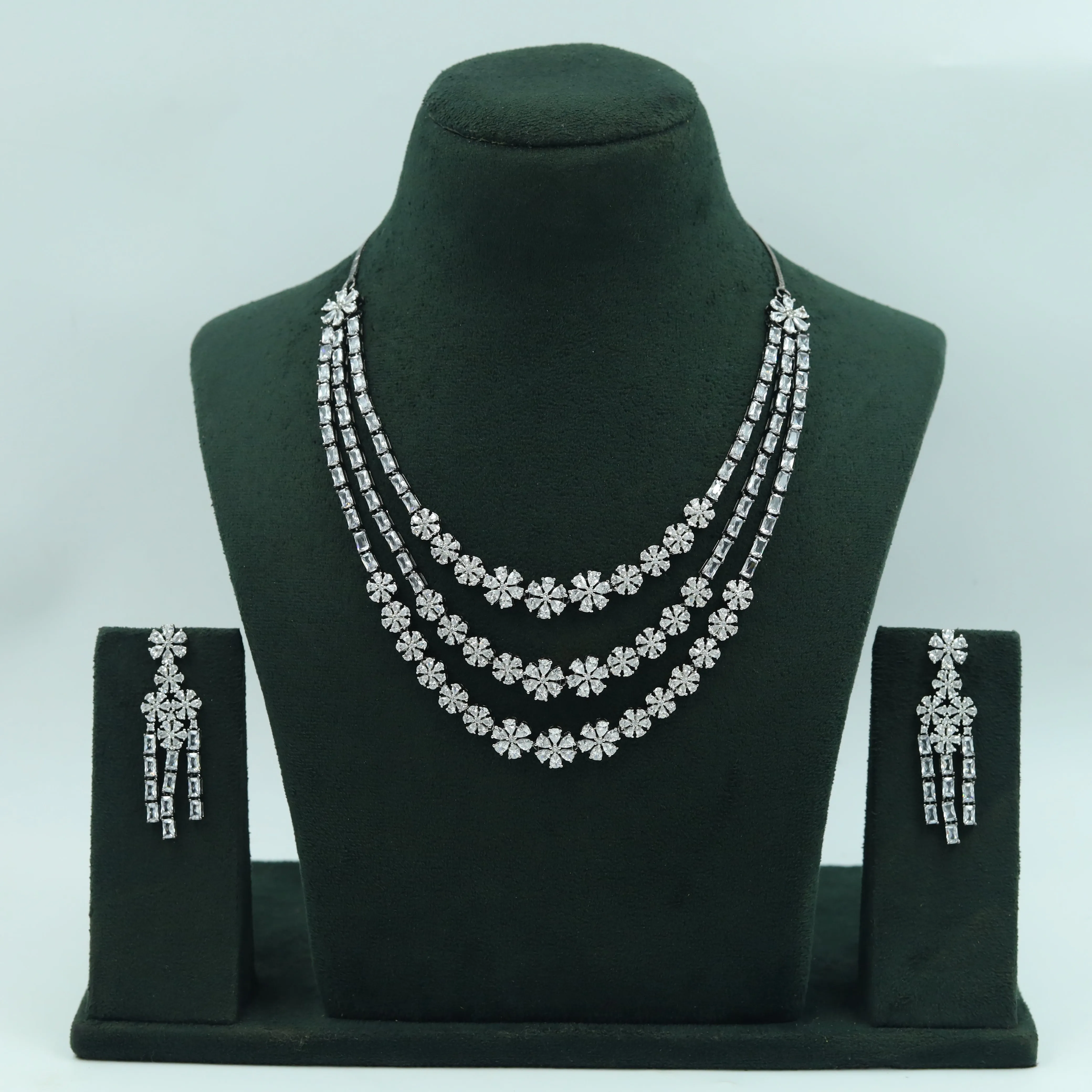 Layered Round Neck Zircon/AD Necklace Set 16212-69