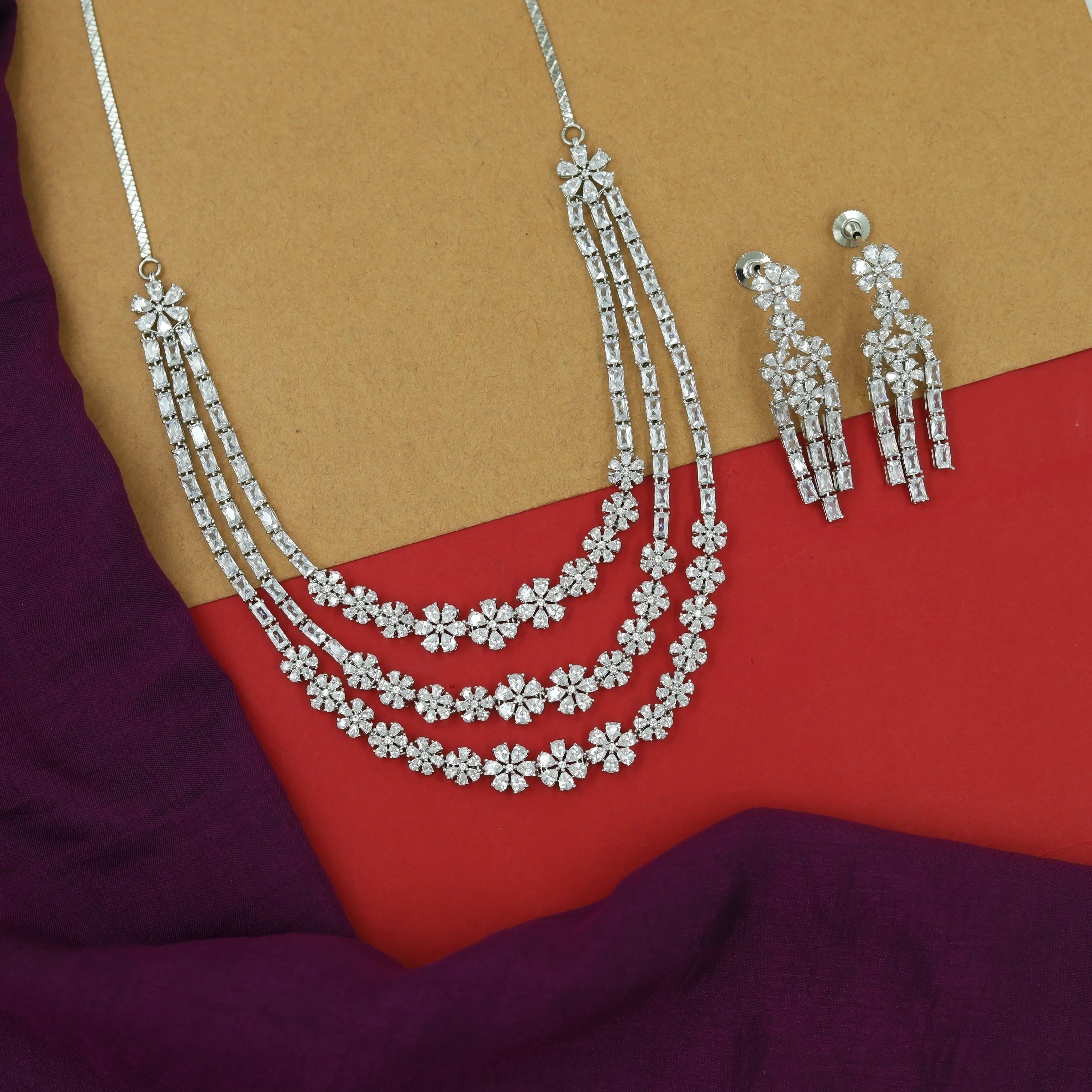 Layered Round Neck Zircon/AD Necklace Set 16212-69