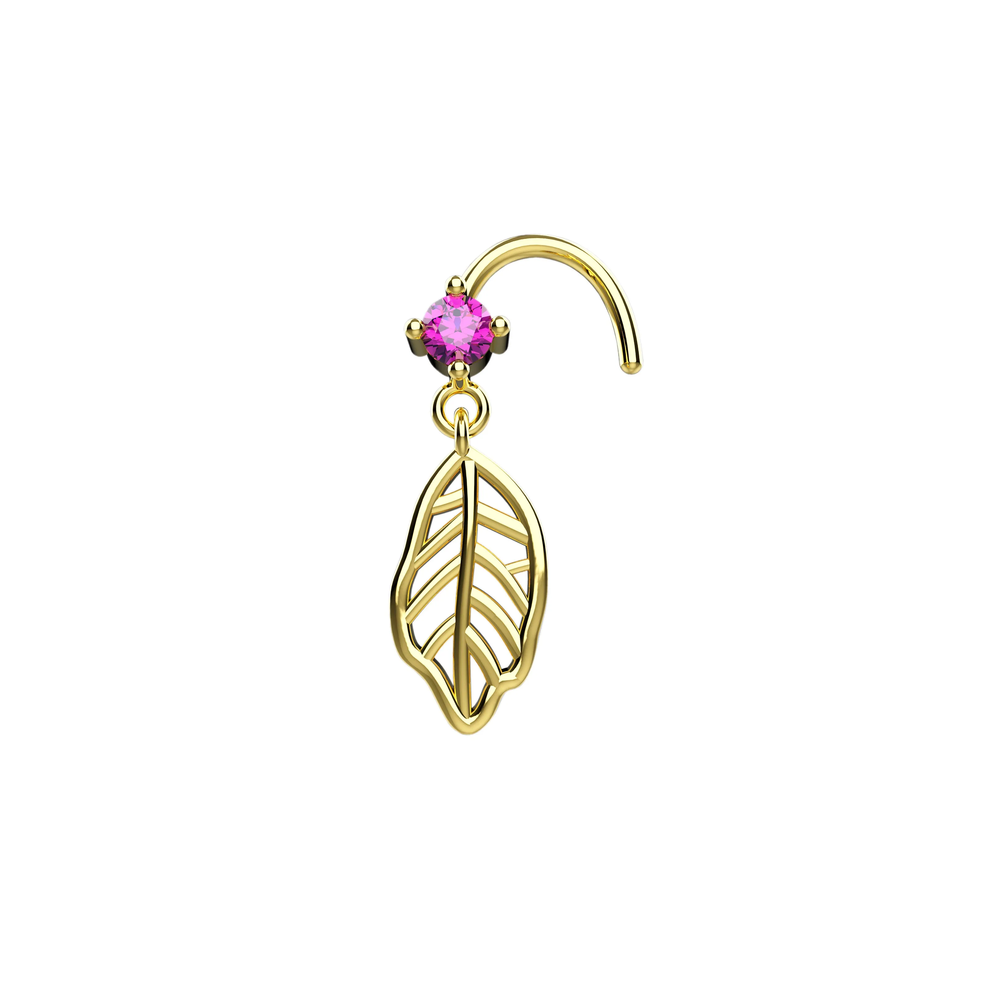 Leaf Nose Stud with Dangle – Nature-Inspired Nose Piercing Ring
