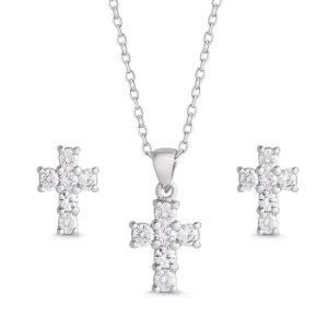 Lily Nily: CZ Cross Pendant and Stud Earrings Set in Sterling Silver