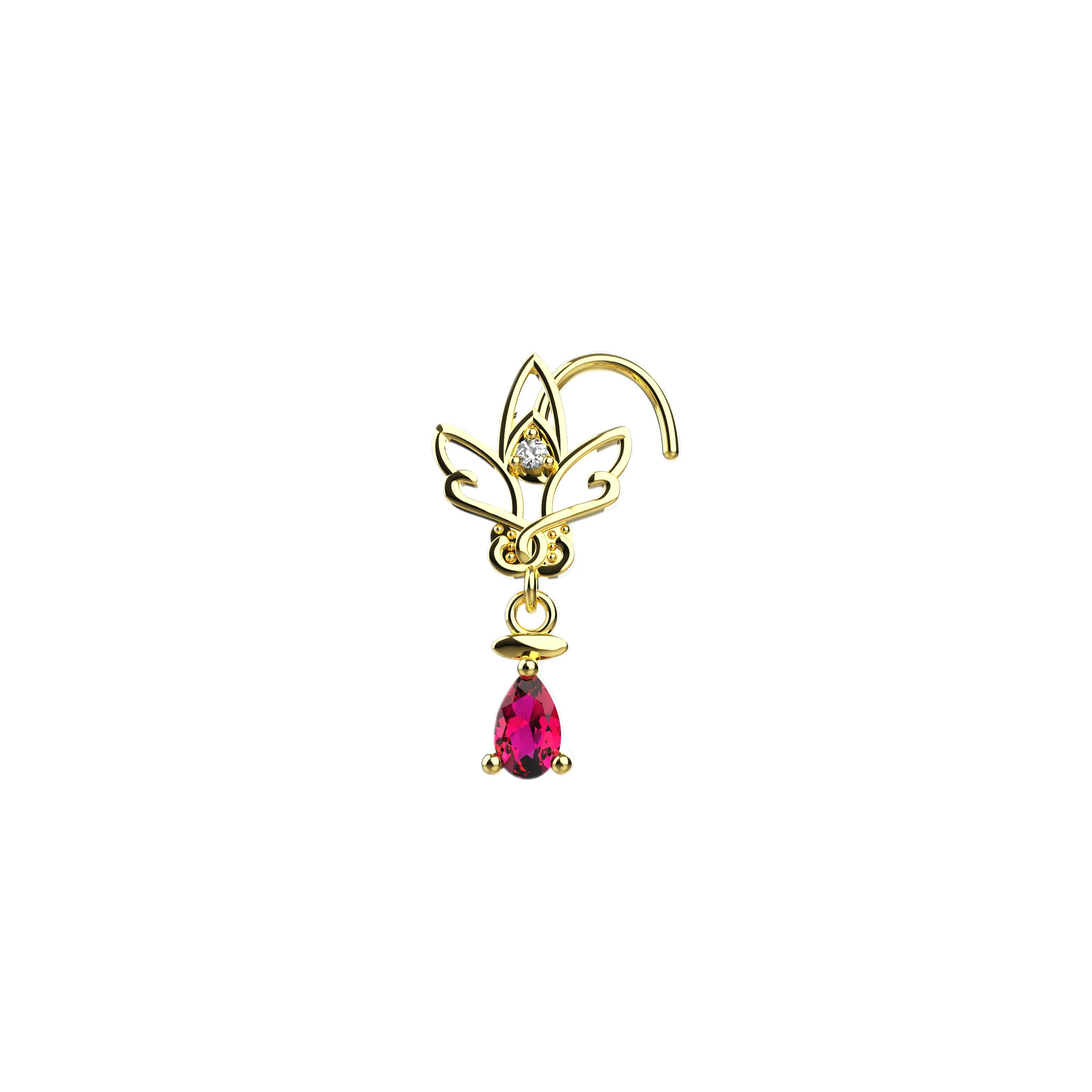 Lotus Dangle Ruby Nose Stud | Elegant Nose Piercing Jewelry