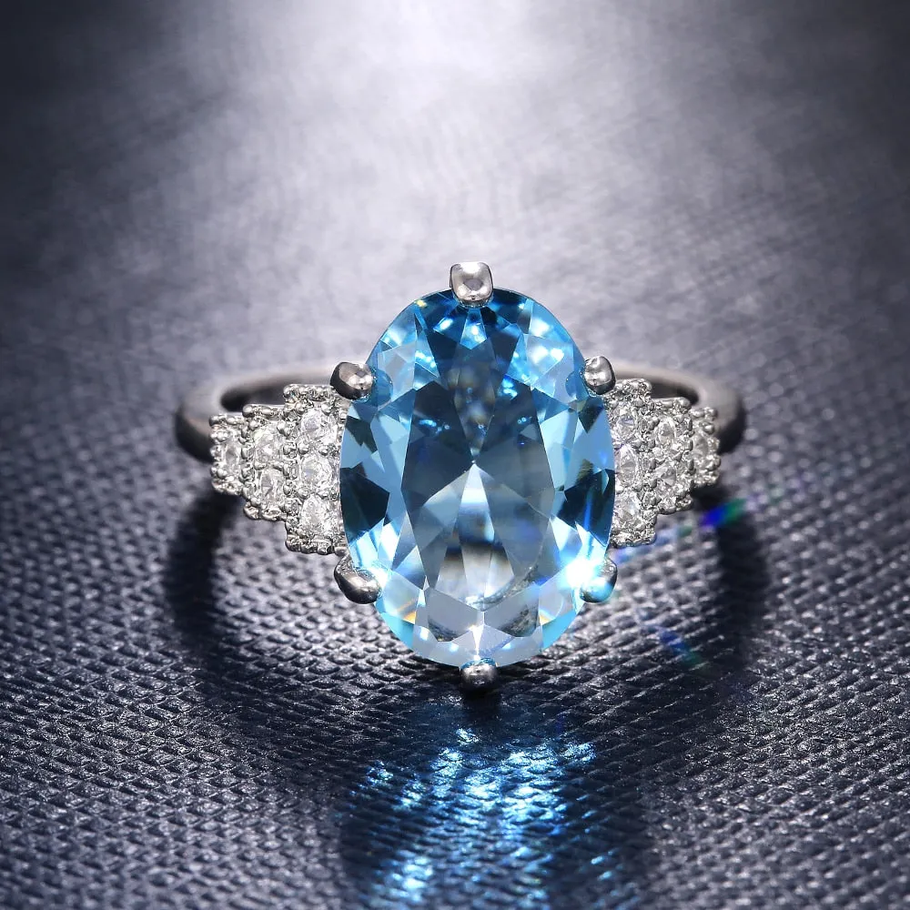Luxury Jewelry Big Oval Cut Sky Blue Zircon Engagement Ring for Women in Silver Color