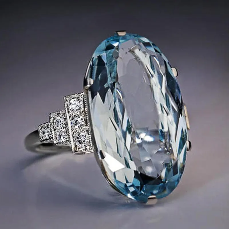 Luxury Jewelry Big Oval Cut Sky Blue Zircon Engagement Ring for Women in Silver Color