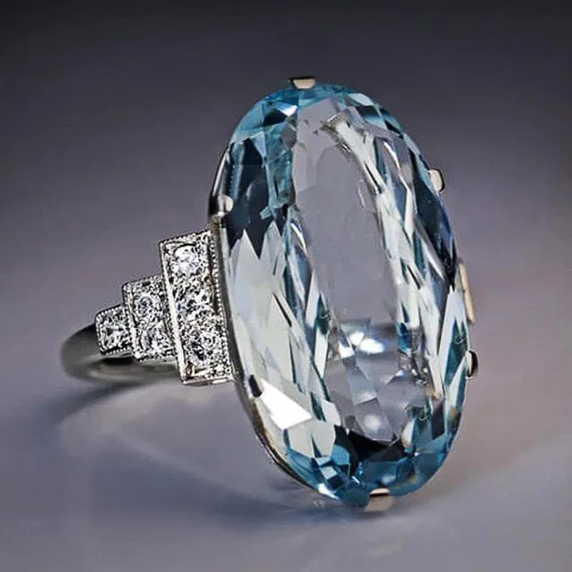 Luxury Jewelry Big Oval Cut Sky Blue Zircon Engagement Ring for Women in Silver Color